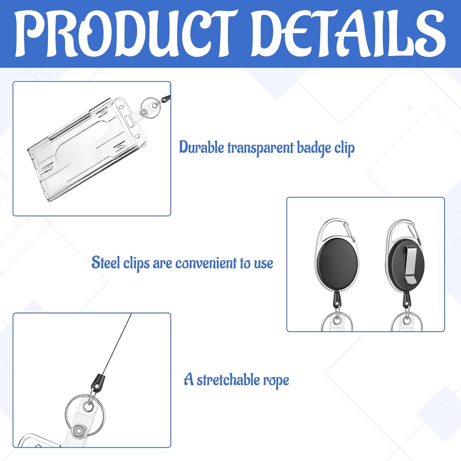 ID Card Holder, 3 Pack Retractable Keychain, Retractable Badge Holder Double Sided Retractable Pass Holder with Retractable Lanyard, Retractable Keychain with Polycarbonate Vertical Thumb Slots. image number 4