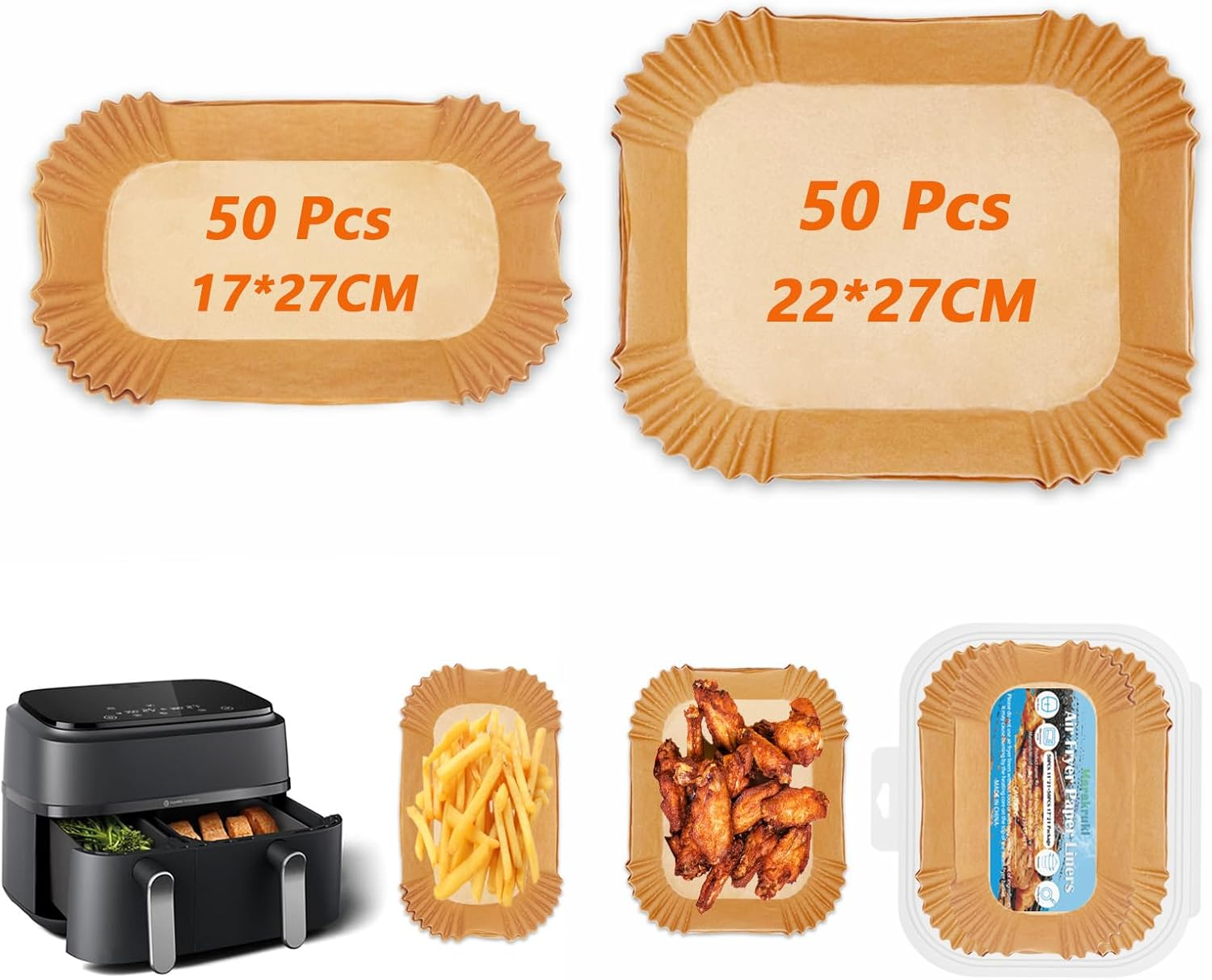Marakruki Air Fryer Paper Liners for Philips Dual Basket Air Fryer, 50+50 Pcs Paper Liners for Philips Air Fryer 3000 Series, Air Fryer Accessories for Large & Small 2 Drawers image number 5