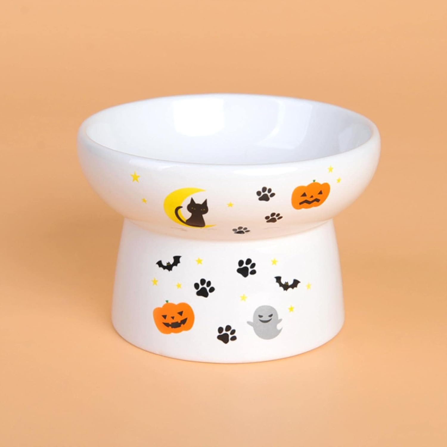Japanese Style Tall Ceramic Pet Bowl Adult Cat Drinking Bowl Cat Food Bowl Printed Ceramic Cat Bowl-Grain Bowl,White