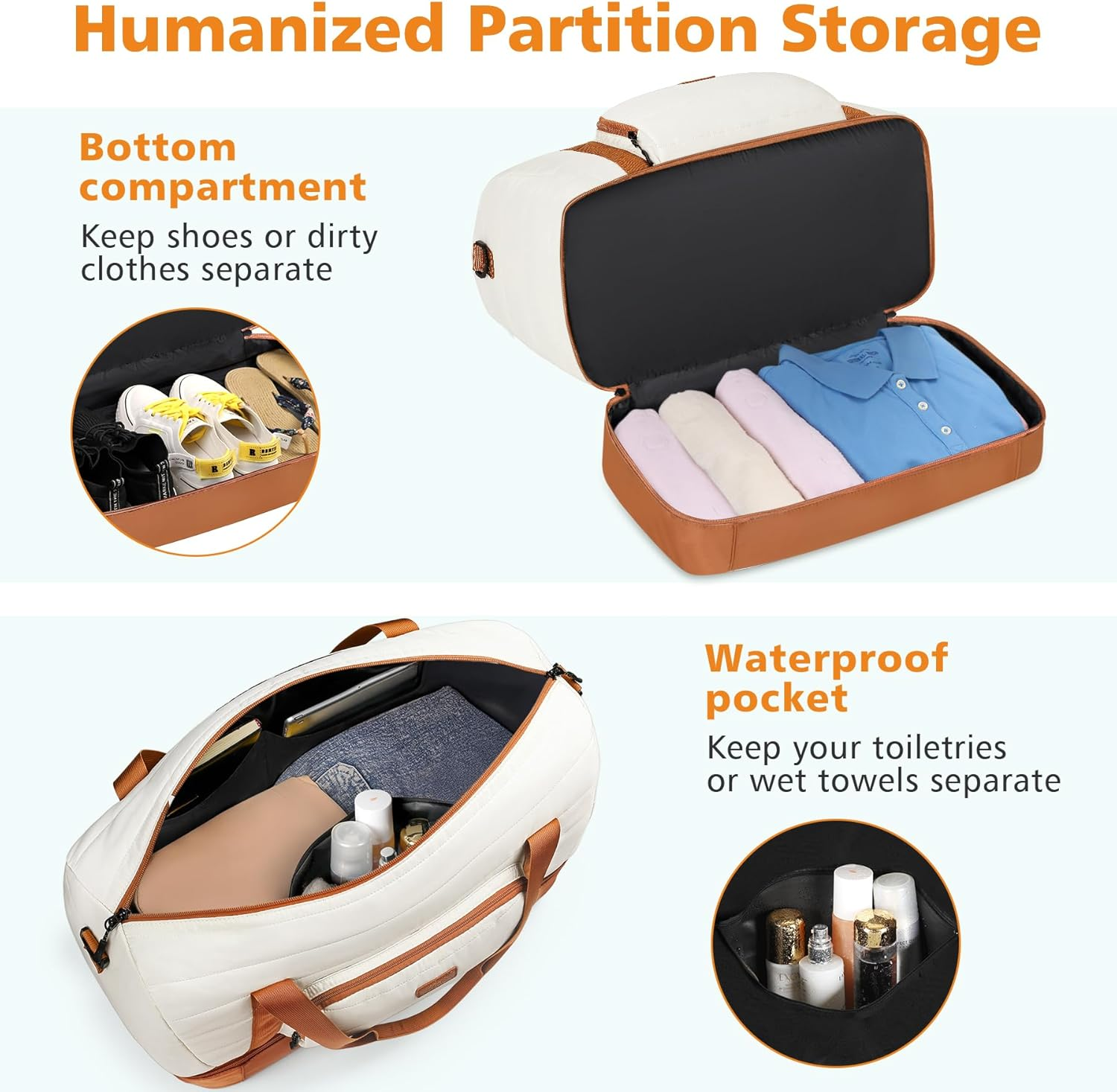 Travel Weekender Bag for Women, Overnight Bag with Shoe Compartment, Oversized Travel Duffel Bag Carry on Tote with Trolley Sleeve 21" for Weekend Travel Business Trip, White Brown, Large image number 4