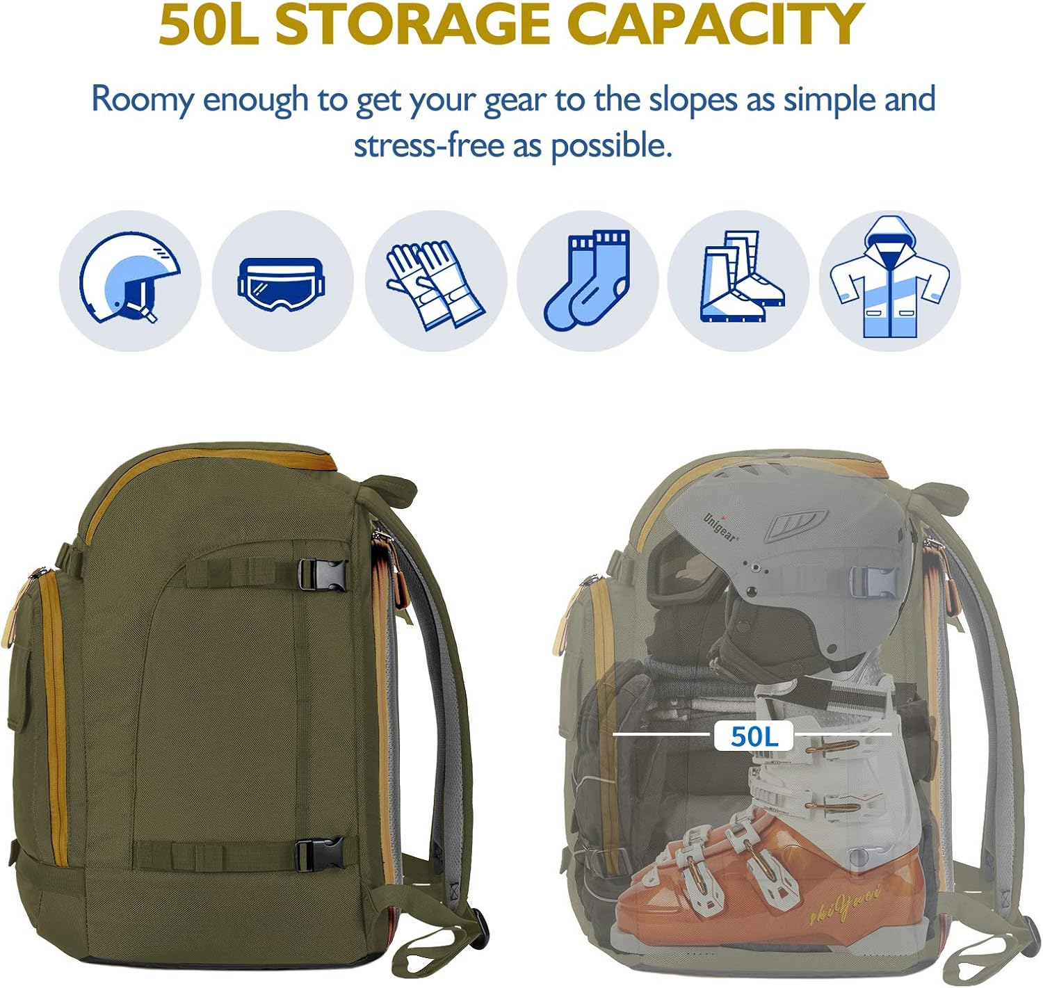 Unigear Ski Boot Bag, 55L Ski Boot Travel Backpack for Ski Helmet, Goggles, Gloves, Skis, Snowboard & Accessories image number 6