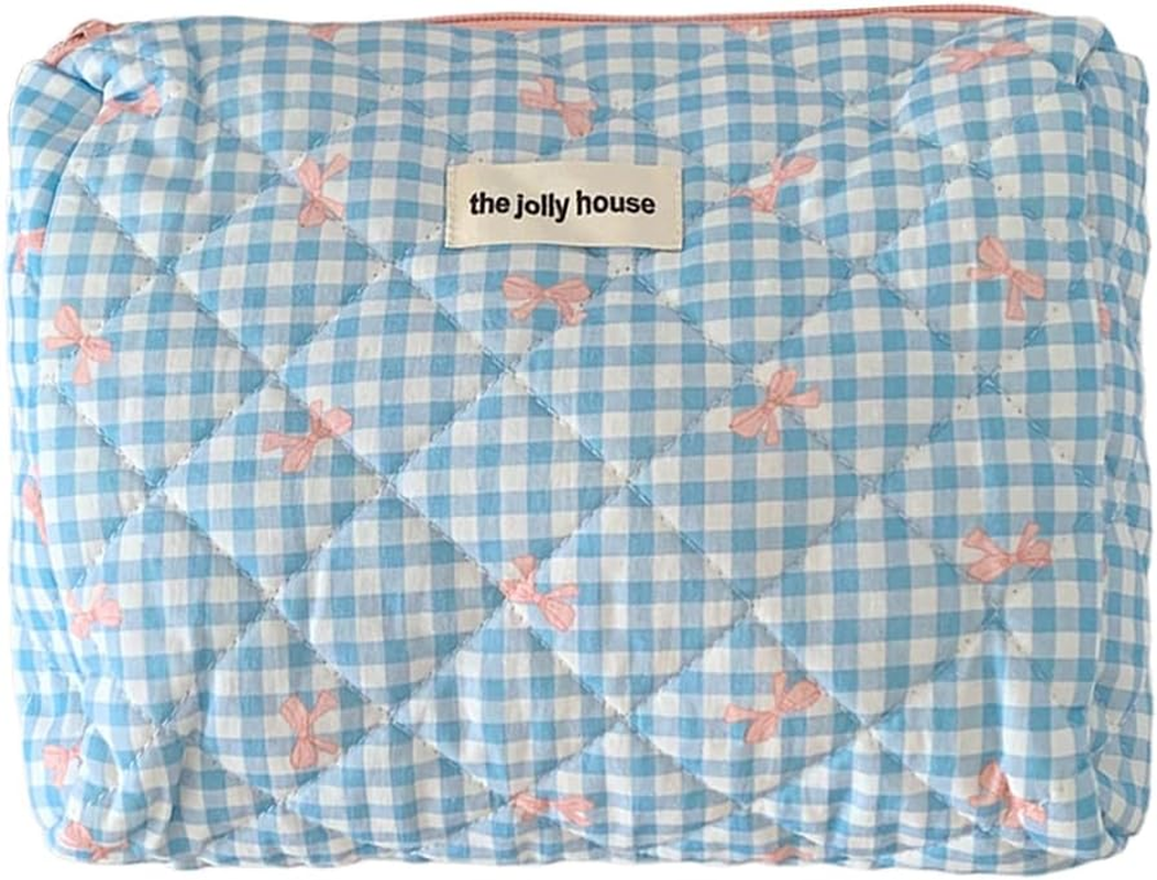 AZURAOKEY Quilted Makeup Bag Pink Bows Cosmetic Bag for Women Quilted Cotton Makeup Bag Set, Portable Coquette Aesthetic Toiletry Bag with Zipper, Cute Bows Travel Toilet Bag, Pink, S, Fashion