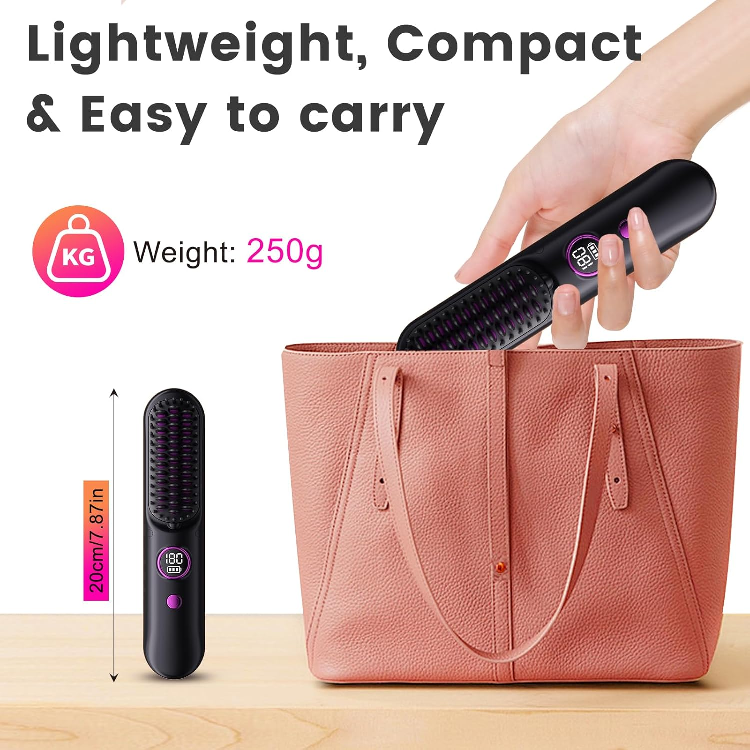 Biupky Cordless Hair Straightener Brush, Portable Hair Straightener Comb with 50 Million Negative Ion and Protein, Type-C Rechargeable Travel Hair Straightener with 9 Temp Settings & Led Display image number 5