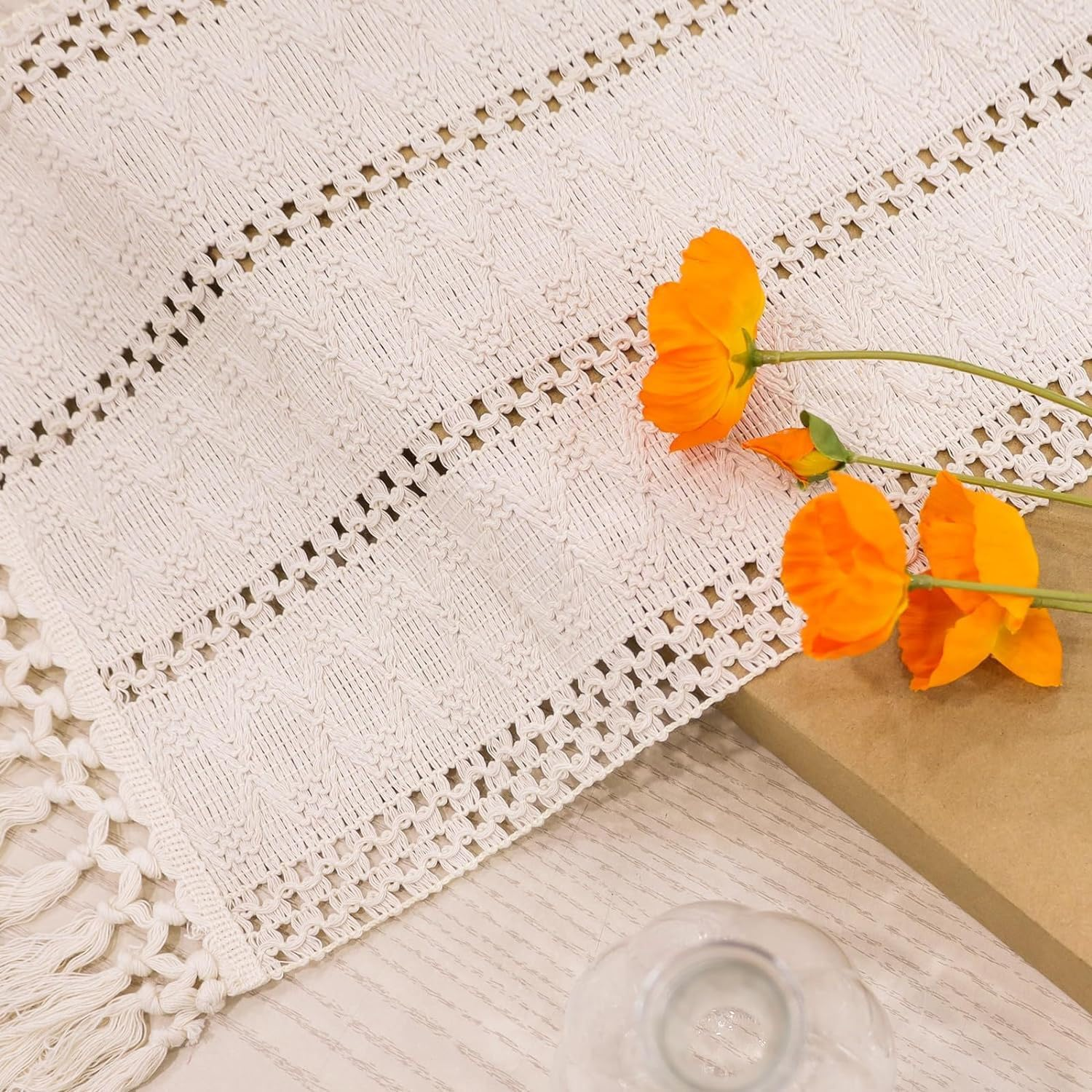 Heatunk Boho Macrame Style Table Runner - Ivory Woven Farmhouse Home Decor-Ivory(12*47 Inch) image number 6