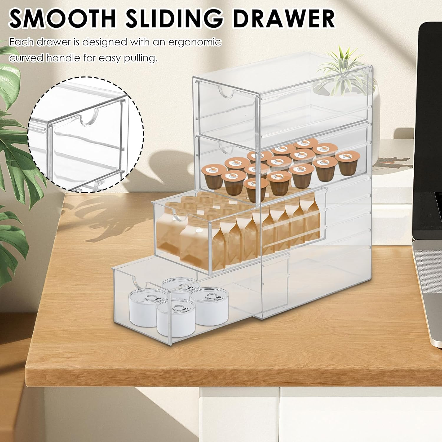 Clear Tea Bag Organizer Drawer, Tea Bag Organiser & Storage Box Stackable Storage Holder 4 Drawers Large Capacity Storage Drawer for Countertop Cabinet image number 6