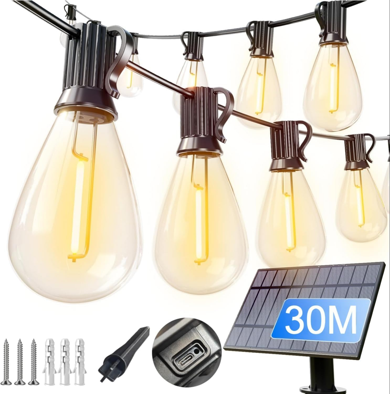 Solar String Lights, 30M Outdoor Waterproof with 50+1 LED Bulbs Long Last for 20+Hrs, Commercial Grade Shatterproof USB Patio Solar Powered Lights for Camping, Backyard, Garden, Porch Decor (30M)