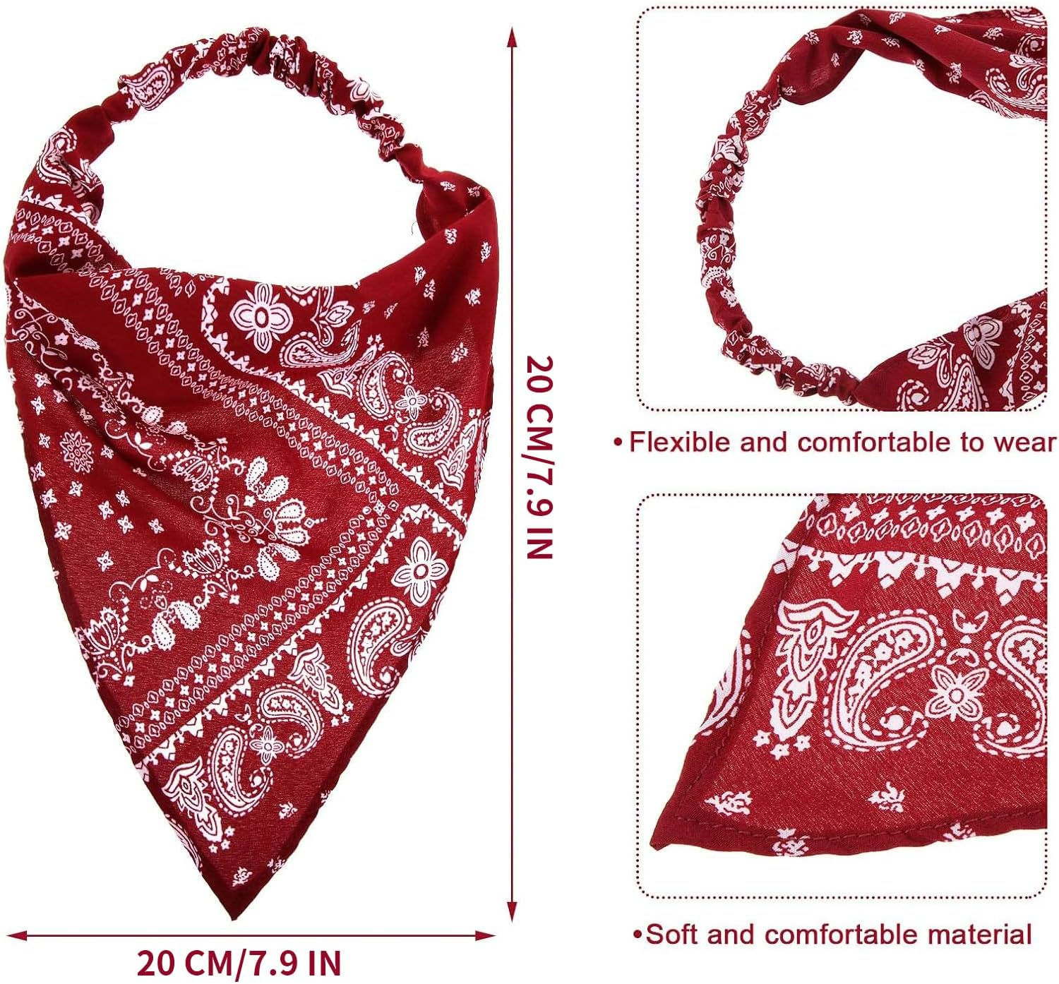 Kzvsiy 2-Pack Boho Head Kerchiefs, Elastic Hair Scarf Headbands, Paisley & Floral Chiffon Triangle Bandanas, Adjustable Turban Headwraps, Floral Hair Scarves for Women & Girls (Claret, Black) image number 2