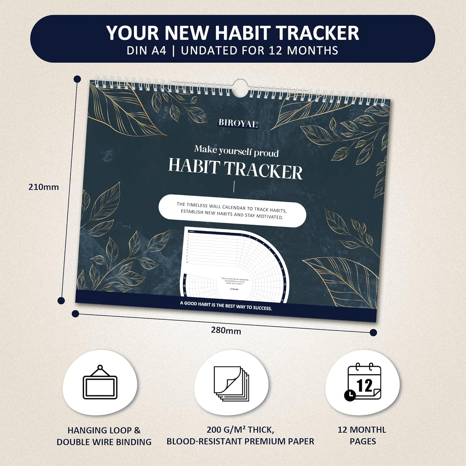 BIROYAL Habit Tracker Calendar (Undated 12 Month), Daily Weekly and Monthly Habit Tracker Journal, Spiral Binding with Writable Goals Habits Track, Productivity Tool and Workout Calendar image number 6