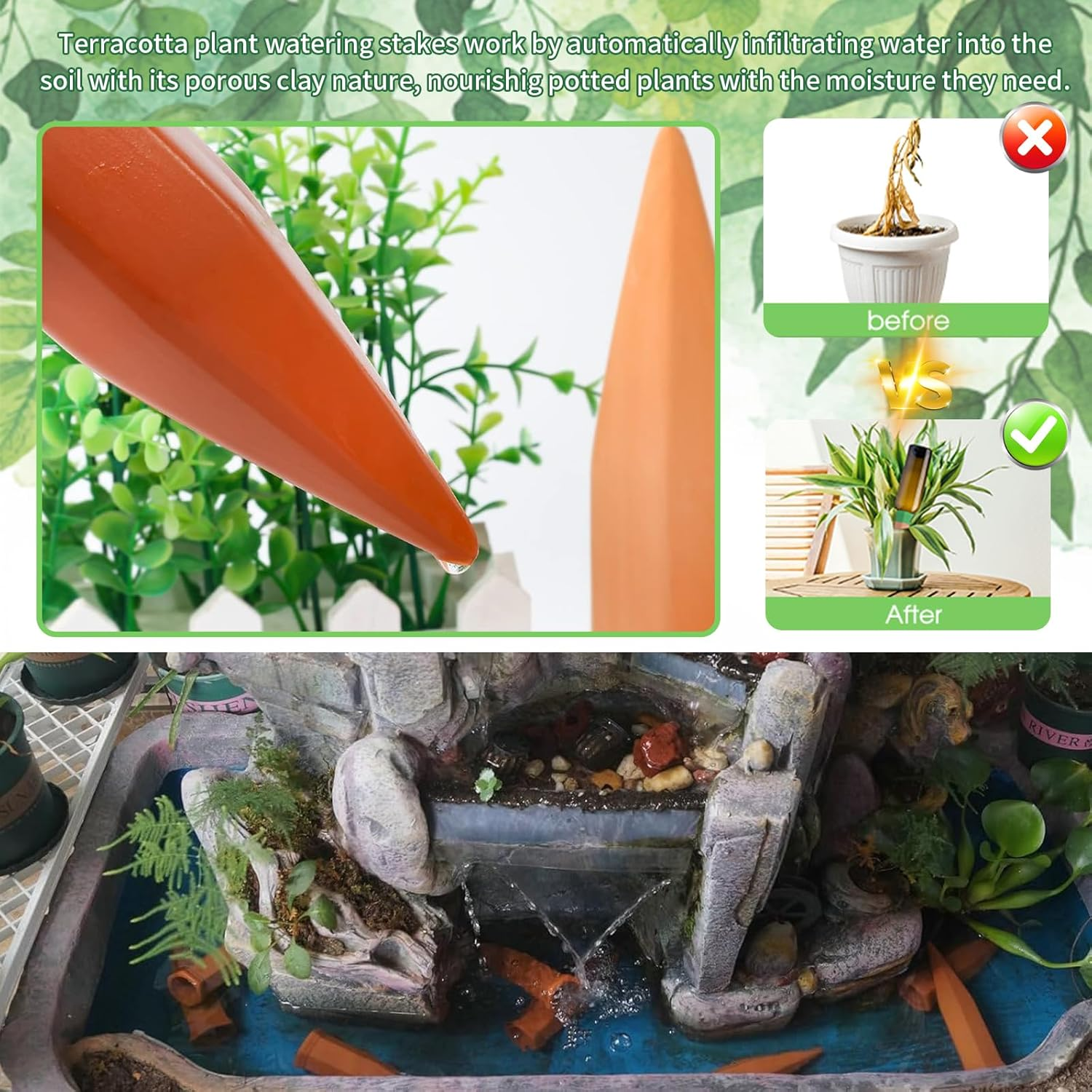 Self-Watering Plant Watering Devices, Terracotta Plant Watering Stakes, Automatic Slow-Release Water Drippers, Self Watering Vacation Irrigation Plant Spikes for Indoor & Outdoor Plants (6 Pack) image number 6