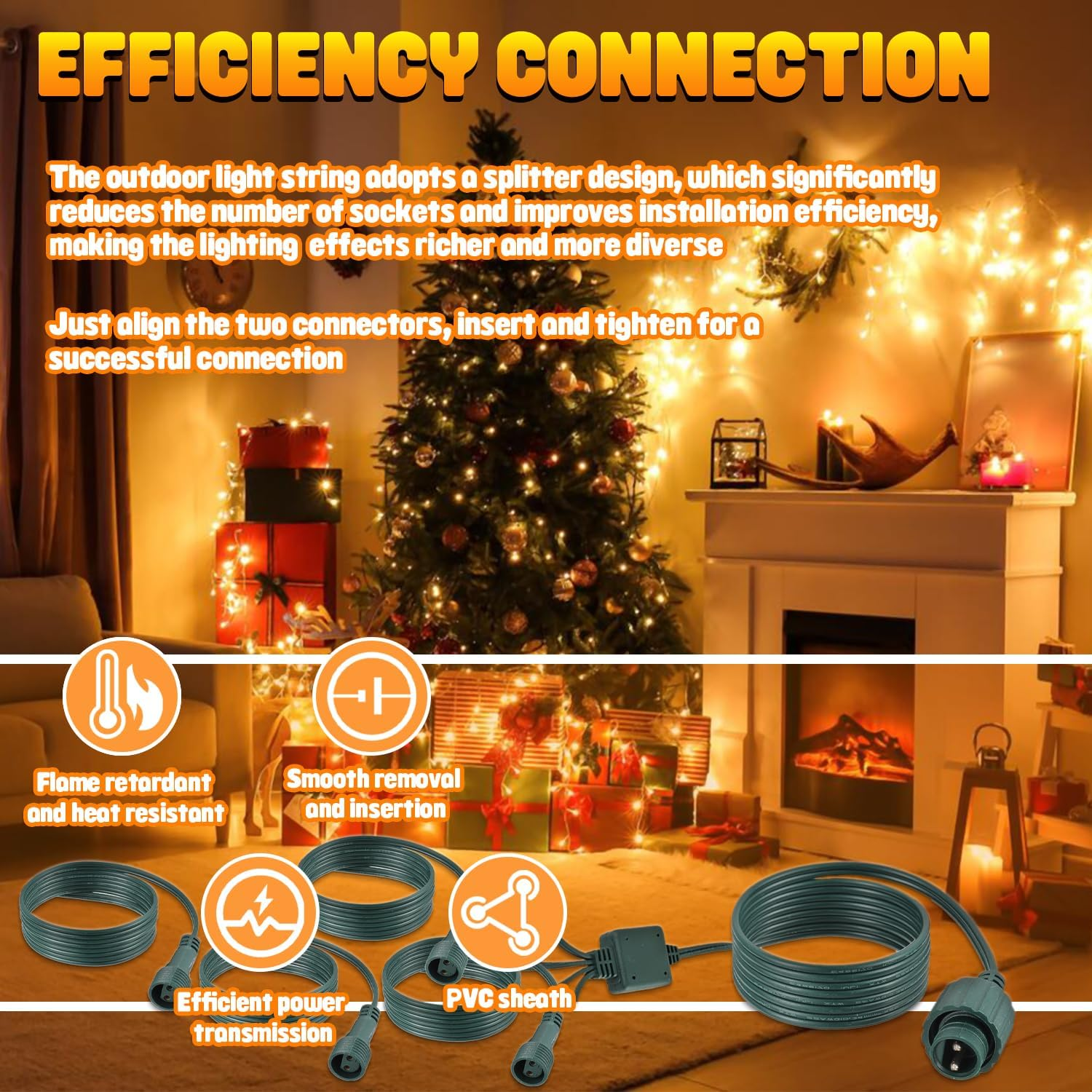 HUAREW Fairy Lights Extension Splitter 72 Inches, 2-Pin Fairy Lights Extension Cable IP44 Waterproof, for Indoor and Outdoor Lights, Fairy Lights, Icicle Lights (1 to 4) image number 2