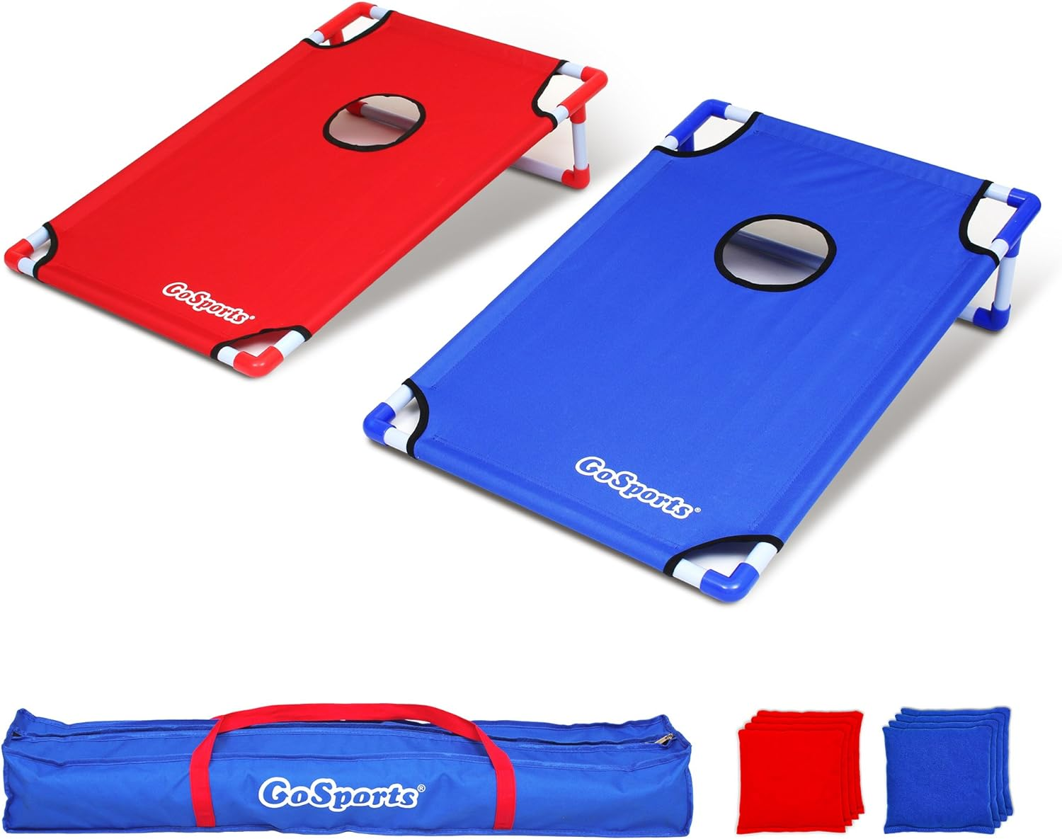 Gosports Portable PVC Framed Cornhole Toss Game Set with 8 Bean Bags and Travel Carrying Case - Choose American Flag Design, Red & Blue or Football image number 6