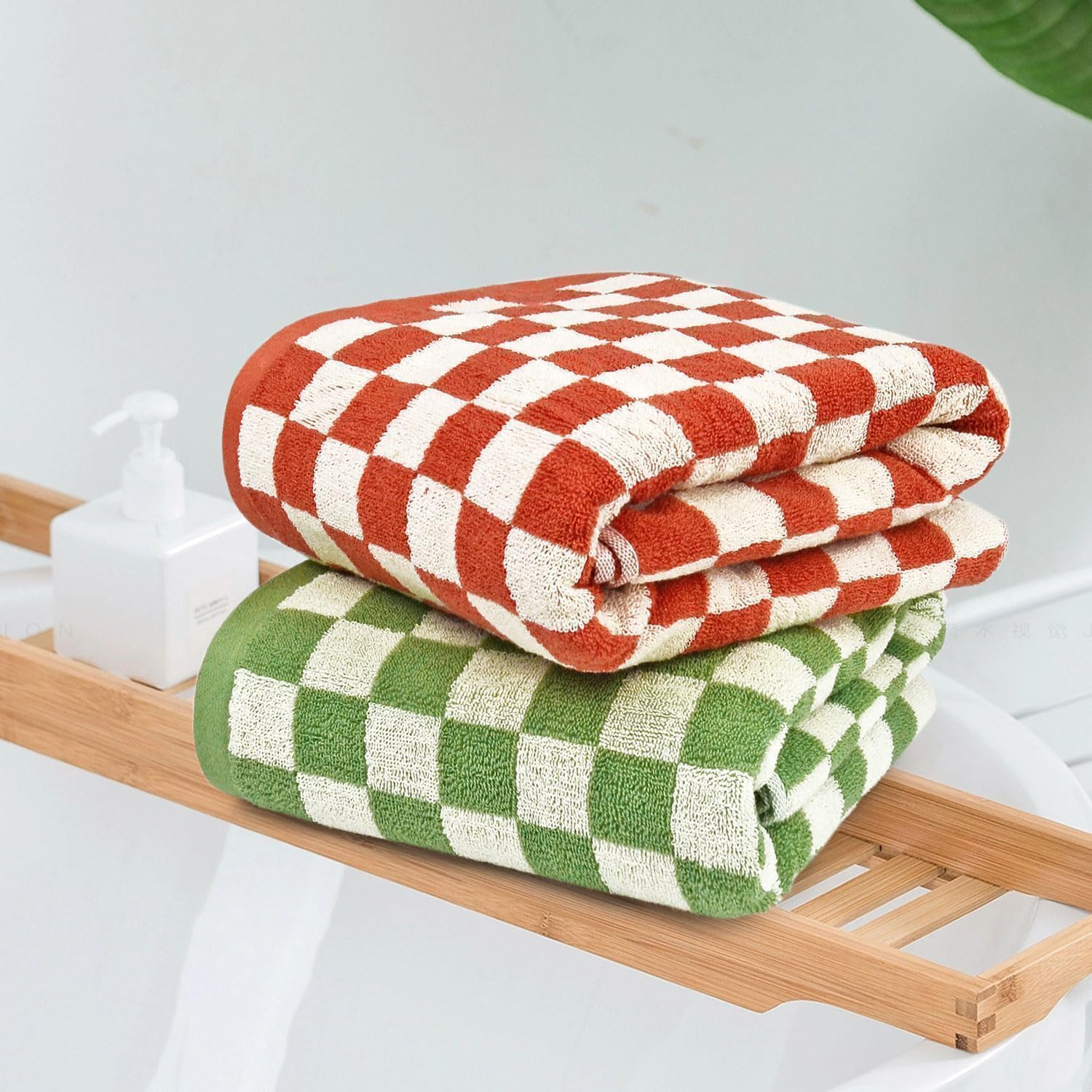 Jacquotha Checkered Bath Towels for Bathroom, 2 Pack Shower 55'' X 27.5'', Super Absorbent and Quick Dry (Orange + Green) image number 1
