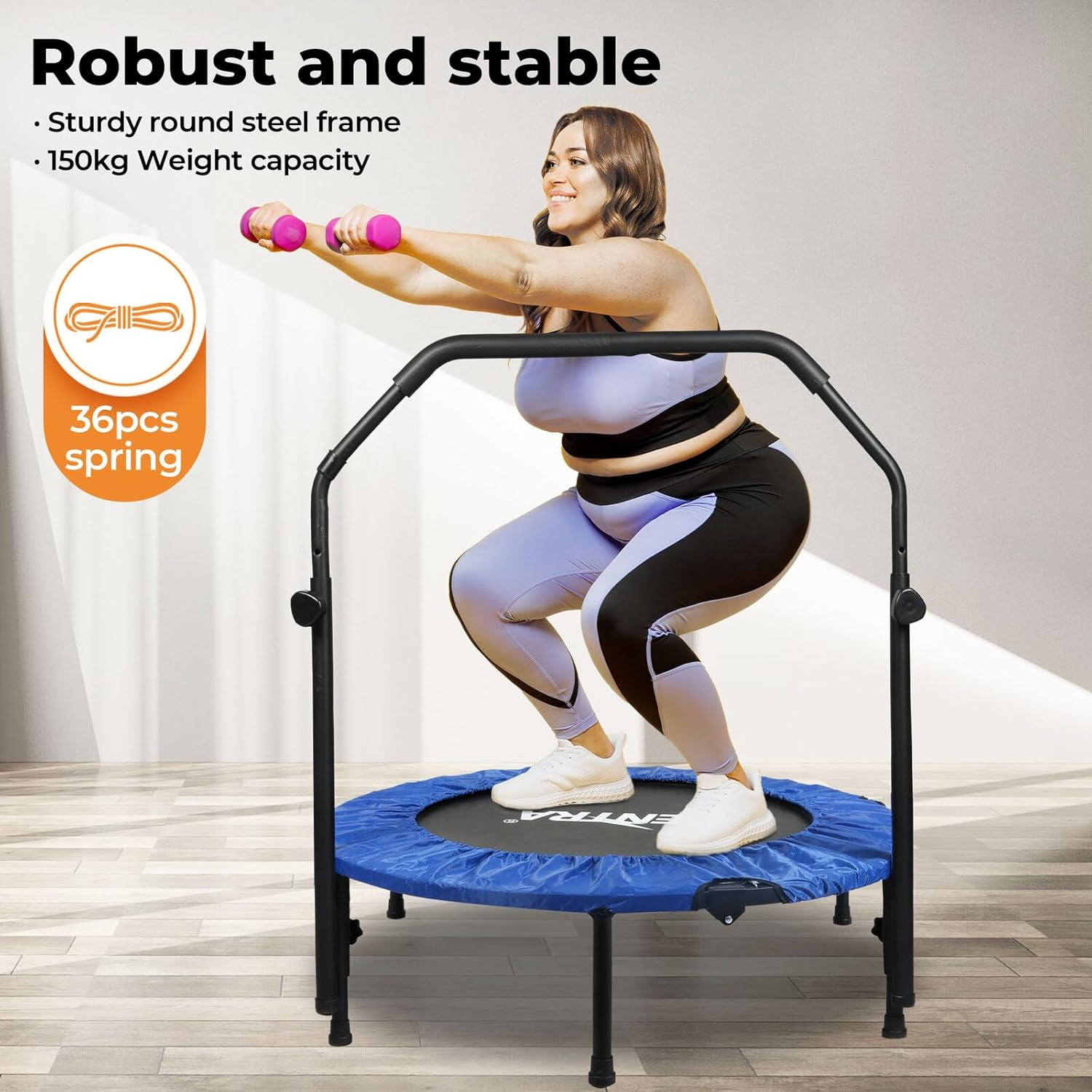 Centra 40" Foldable Mini Trampoline Rebounder,Fitness Trampolines with U Shape Adjustable Foam Handle, Stable Quiet Rebounder, Exercise Trampoline for Adults and Kids Indoor Garden image number 6
