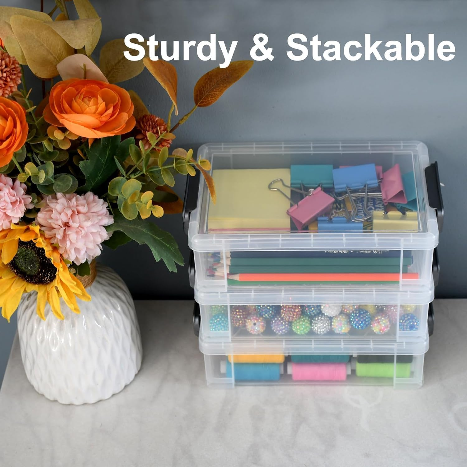 2 Packs Large Pencil Box Large Capacity Pencil Case Clear Plastic Storage Container Long Paint Brush Storage Box Plastic Pencil Holder with Latching Lids (Grey, One Size)