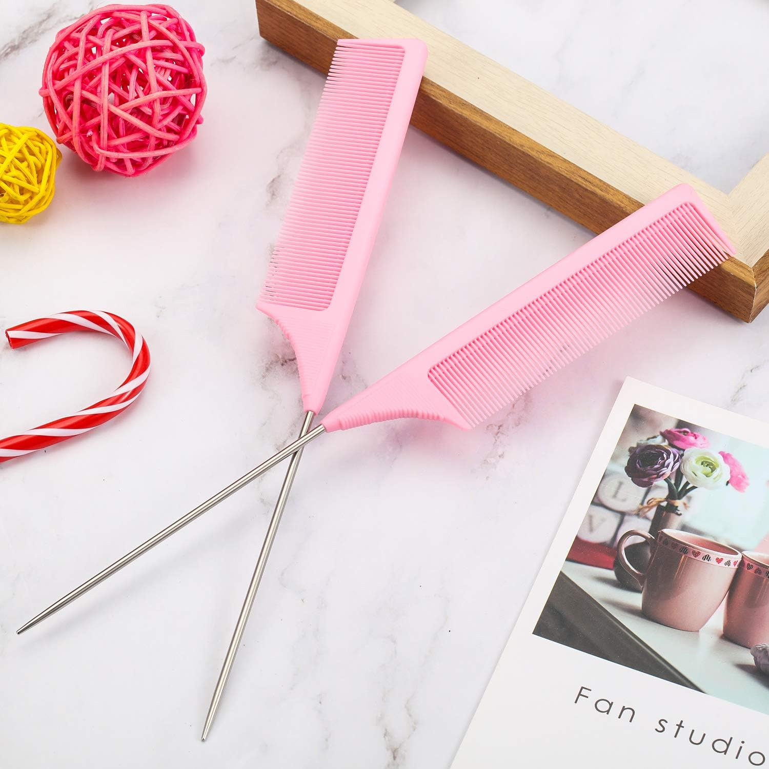 3 Packs Pink Rat Tail Comb Fiber Teasing Combs Rat Tail Lifting Combs Styling Combs, Carbon Fiber and Stainless Steel Pintail for Hair Salon or Home Supplies image number 1
