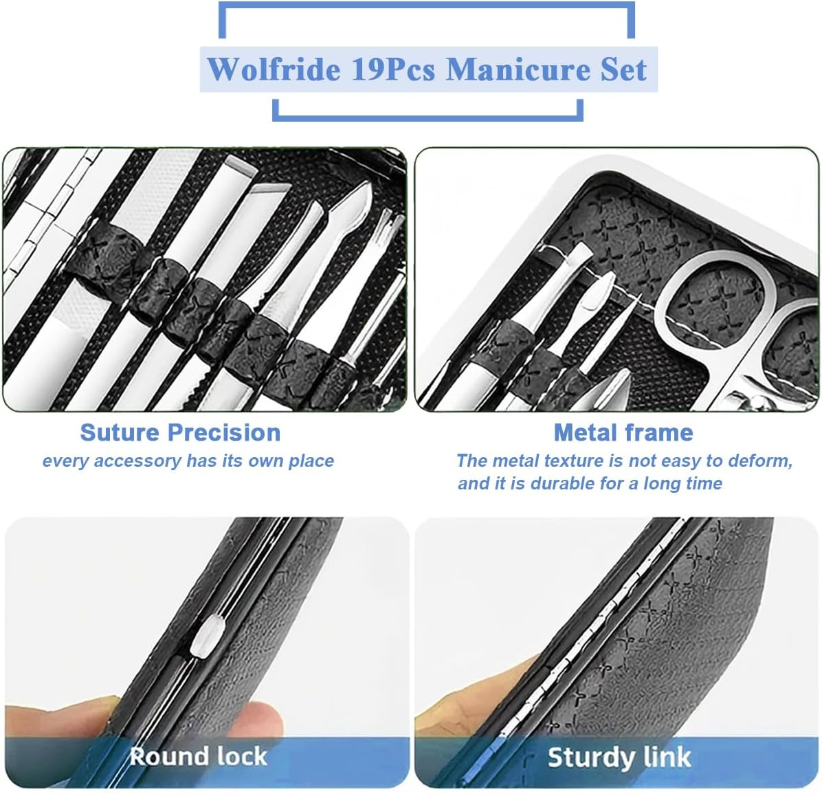 Wolfride 19Pcs Manicure Set Nail Clippers Pedicure Kit with Black Leather Case, Carbon Steel Professional Grooming Kit Nail Care Tools + Nail Rhinestones 1 Pack image number 5