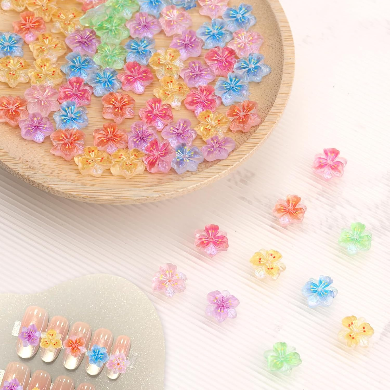 Lasuroa 60Pcs 3D Ice Translucent Hibiscus Flower Nail Charms, Cute Plastic Floral Nail Stickers Mixed Colorful Rhinestones Jewelry for Women Manicure Decorations image number 1