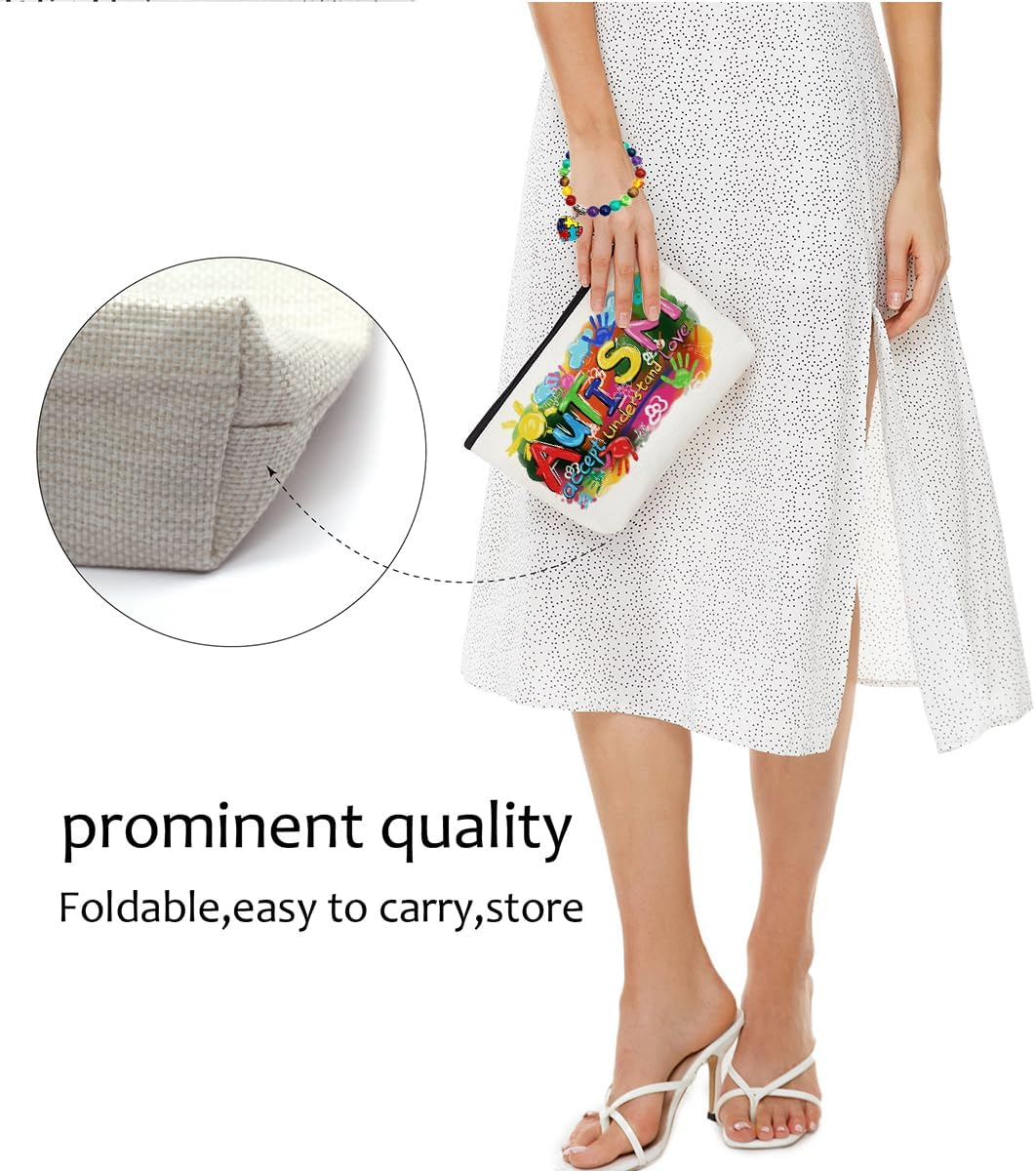 Autism Colorful Painting Makeup Bag for Women Teacher Mom, Large Capacity Makeup Pouch Travel Organizer Toiletry Cosmetic Bag, Autistic Puzzle Elastic Natural Stone Beaded Bracelet, Gifts for Women image number 3