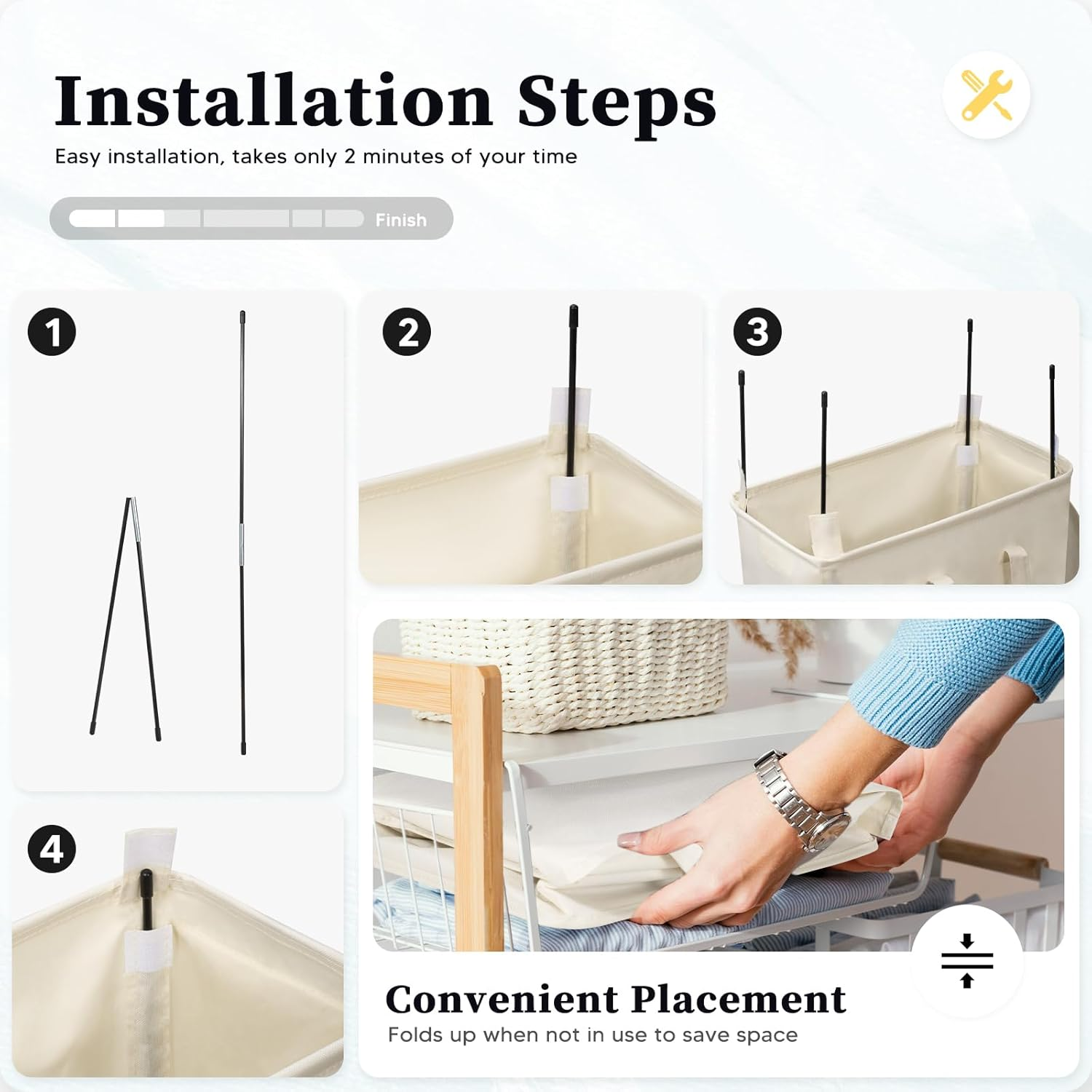 Rieeyrslza Slim Laundry Hamper with Lid 55L Thin Dirty Clothes Basket with Long Handle, Narrow Laundry Bag, Foldable Dirty Hamper, Narrow Dirty Clothes Hamper for Closet and Bathroom, Beige image number 4