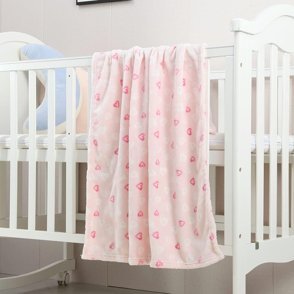 CREVENT 76X102Cm Lightweight Cozy Plush Fluffy Warm Fleece Baby Blanket for Girl Infant Toddler Crib Cot Stroller, (Pink Heart) image number 2