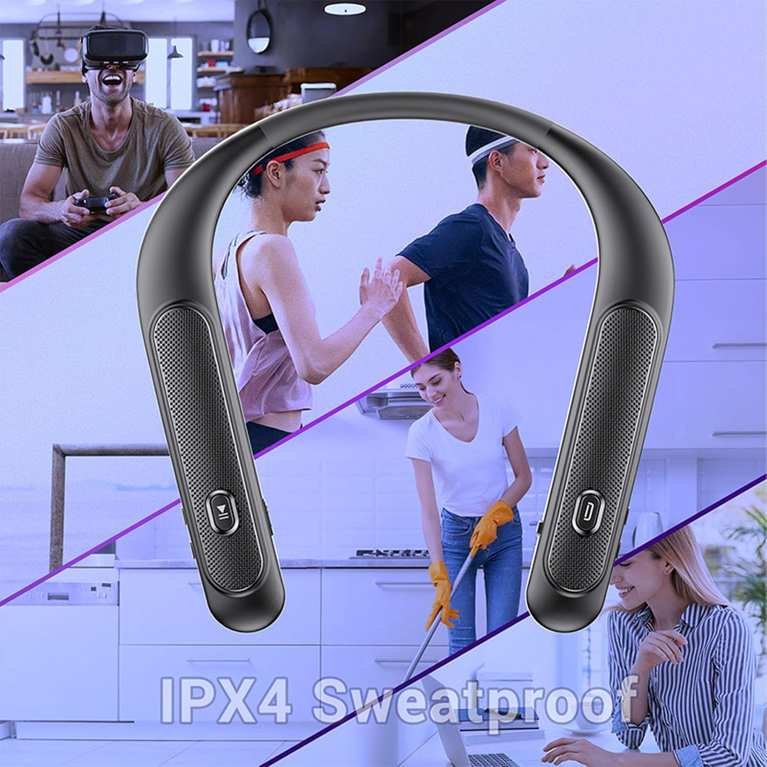 Generic Wireless Neckband Speaker, 3D Stereo Sound Bluetooth Speaker Built in Mic, 12H Playtime Low Latency Portable Wearable Speaker for Home Theater Audio, Gaming, Office, Sports image number 6