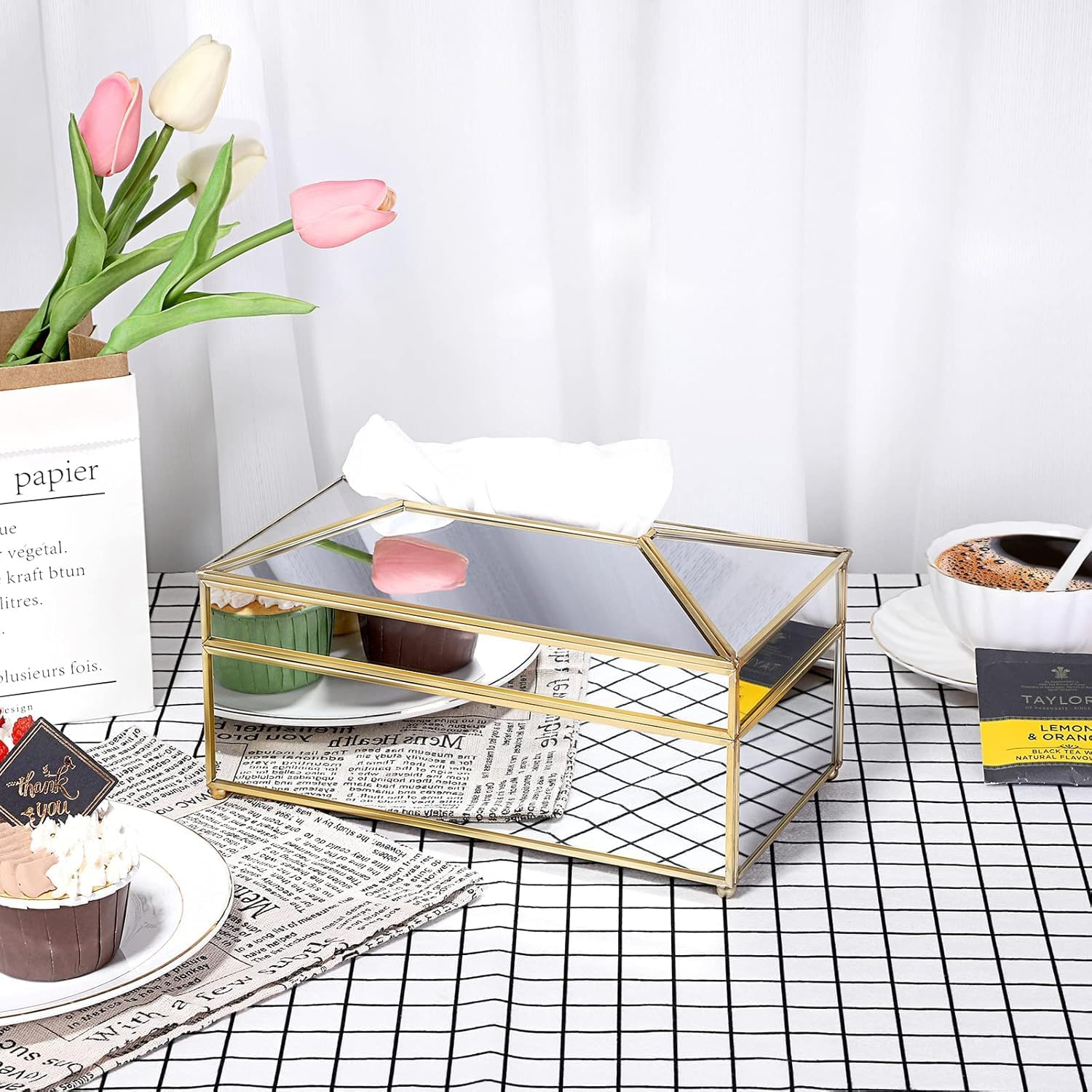 Rectangular Glass Paper Tissue Box, Decorative Glass Napkin Storage Box (Gold) - Transparent image number 6