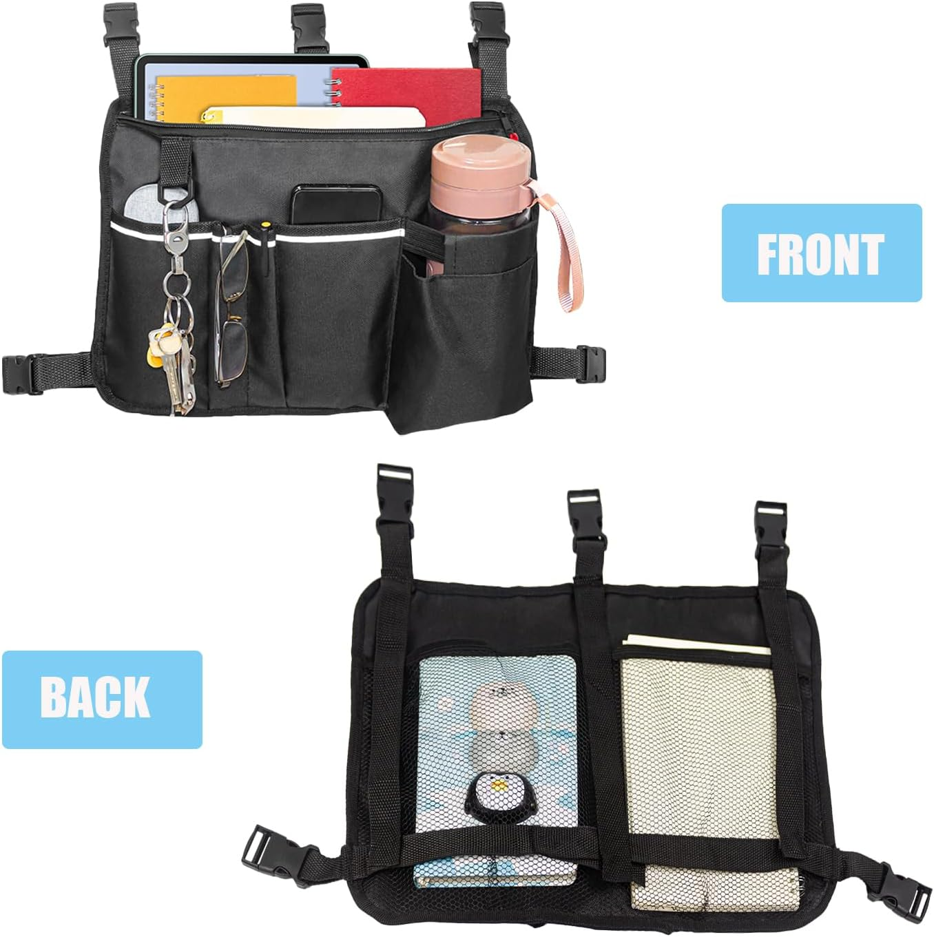 Walker Bag Walker Basket for Folding Walker with Cup Holder, Rollator Organizer Storage Pouch Universal Folding Walker Accessories Walker Bags for Seniors Bag for Walker (Large Black) image number 2