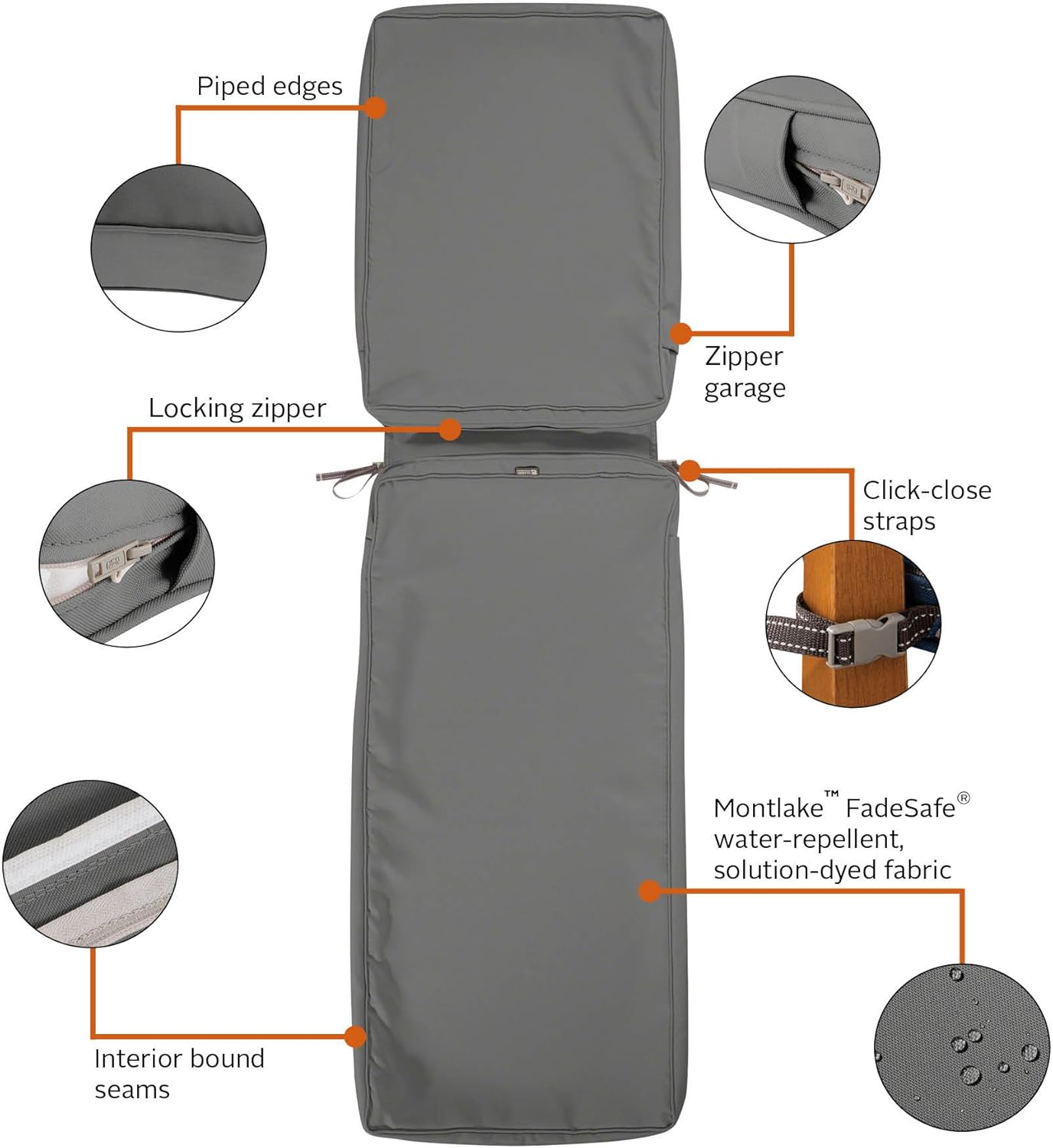 Classic Accessories Montlake Fadesafe Water-Resistant 80 X 26 X 3 Inch Outdoor Chaise Lounge Cushion Slip Cover, Patio Furniture Cushion Cover, Light Charcoal Grey image number 3