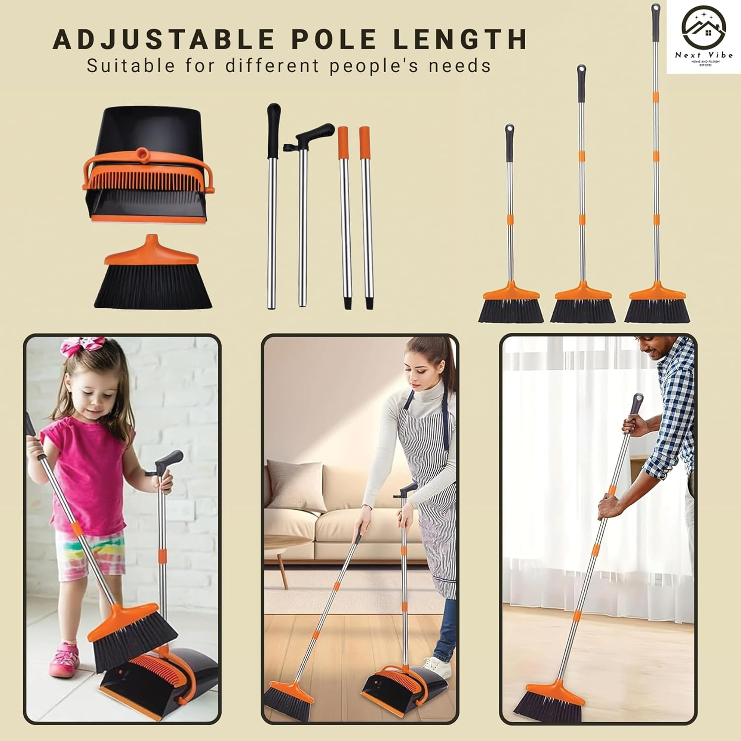 Heavy-Duty Long Handle Broom and Dustpan Set &ndash; 124Cm Broom & 122Cm Dustpan &ndash; Upright Standing Sweeping Combo for Home, Kitchen, Office & Outdoor Cleaning &ndash; Black & Orange