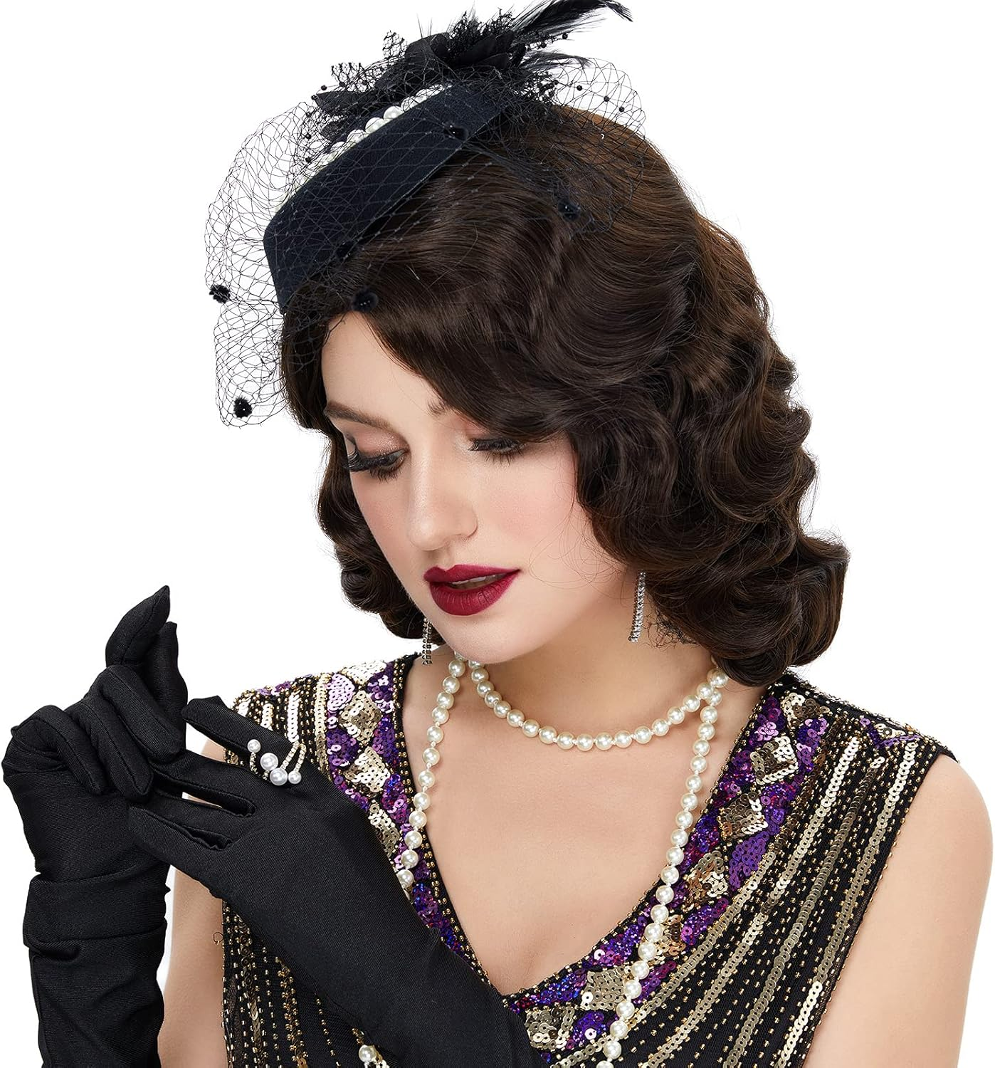 Stfantasy 1920S Brown Retro Finger Wave Wigs Long Curly Natural Wavy Synthetic Wig for Women Daily Costume Party (4357#6)&hellip; (Brown) image number 1