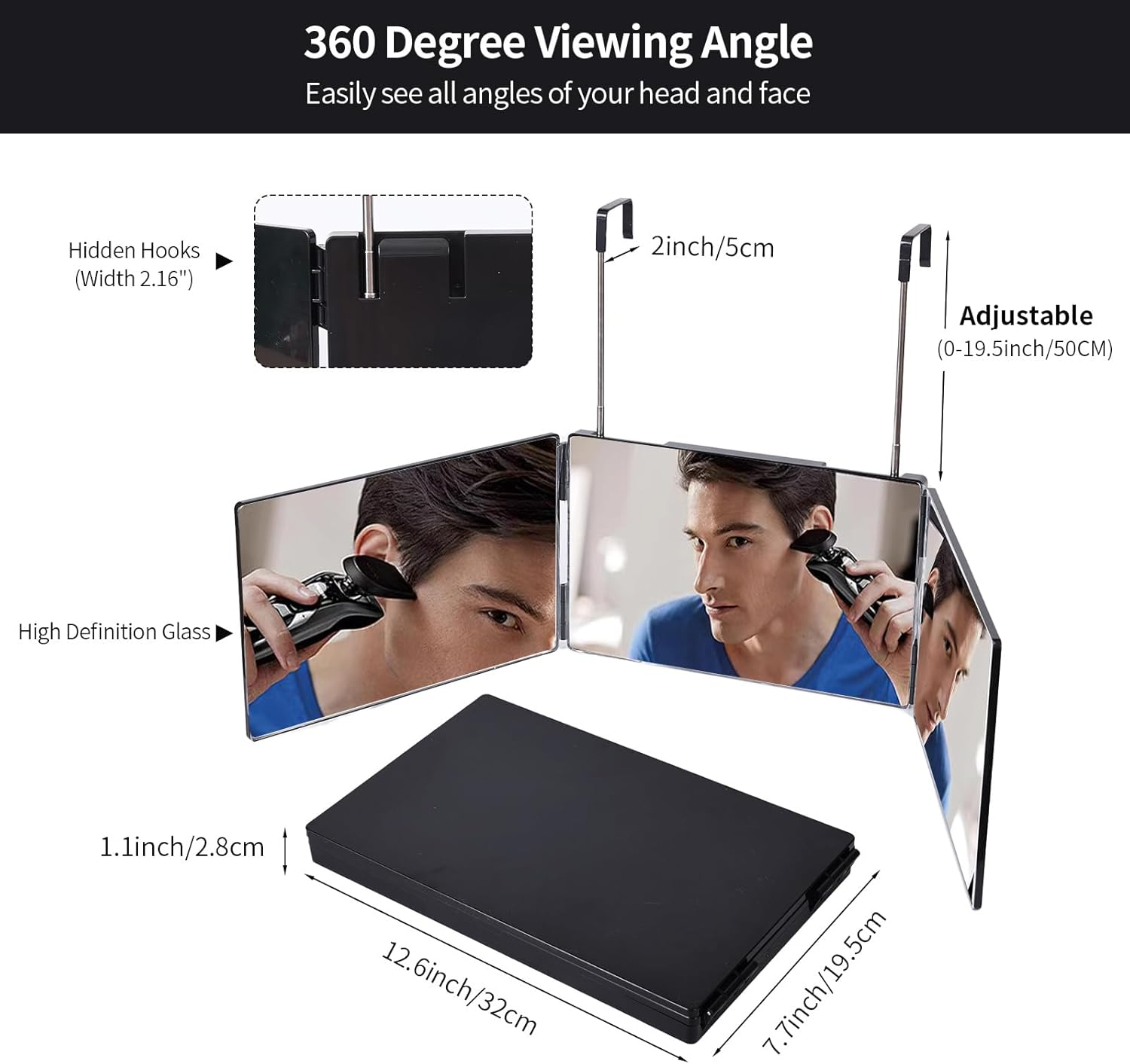 3 Way Mirror,360 Trifold Mirror with Height Adjustable Telescoping Hooks,And 5X Magnification Mirror,For Makeup, Hair Styling (Black)