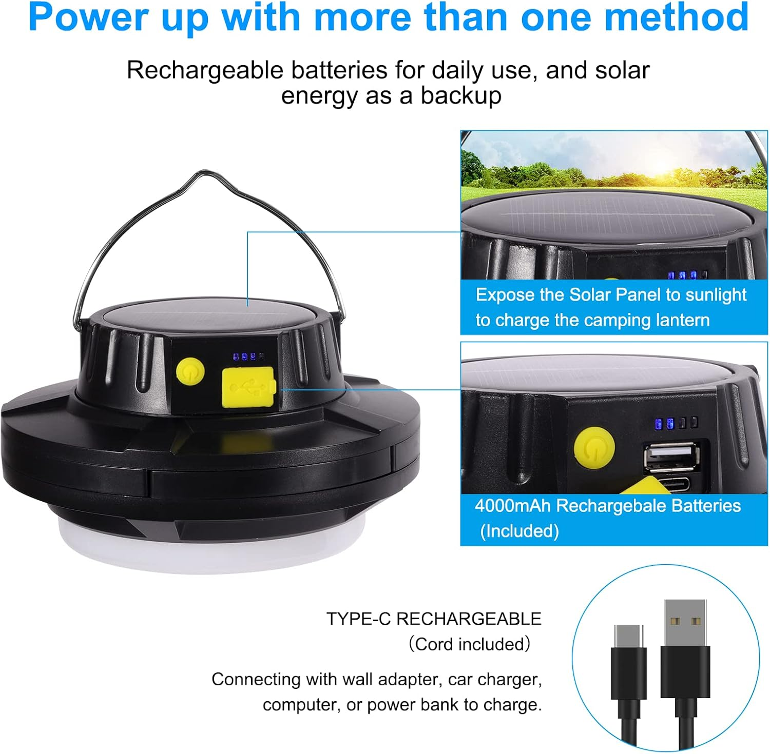 LED Camping Lantern, Dimmable Portable Outdoor Solar Emergency Light, USB Rechargeable 4000Mah Tent Light, Camping Light for Hiking, Fishing image number 2