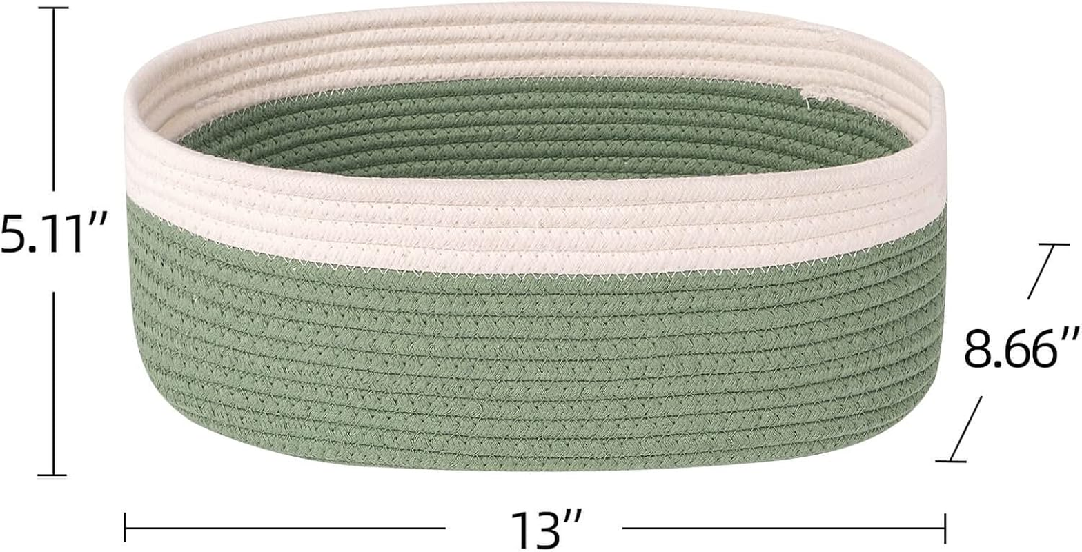 Kriitools Shelf Storage Baskets for Organizing|Cute Basket for Closet&Blanket Storage|Small Woven Baskets to Store Toys,Books,Etc.-13X8.66X5.11&rsquo;&rsquo; Cotton Rope,Stylish,Oval 3 Packs off White&Green - Black image number 2