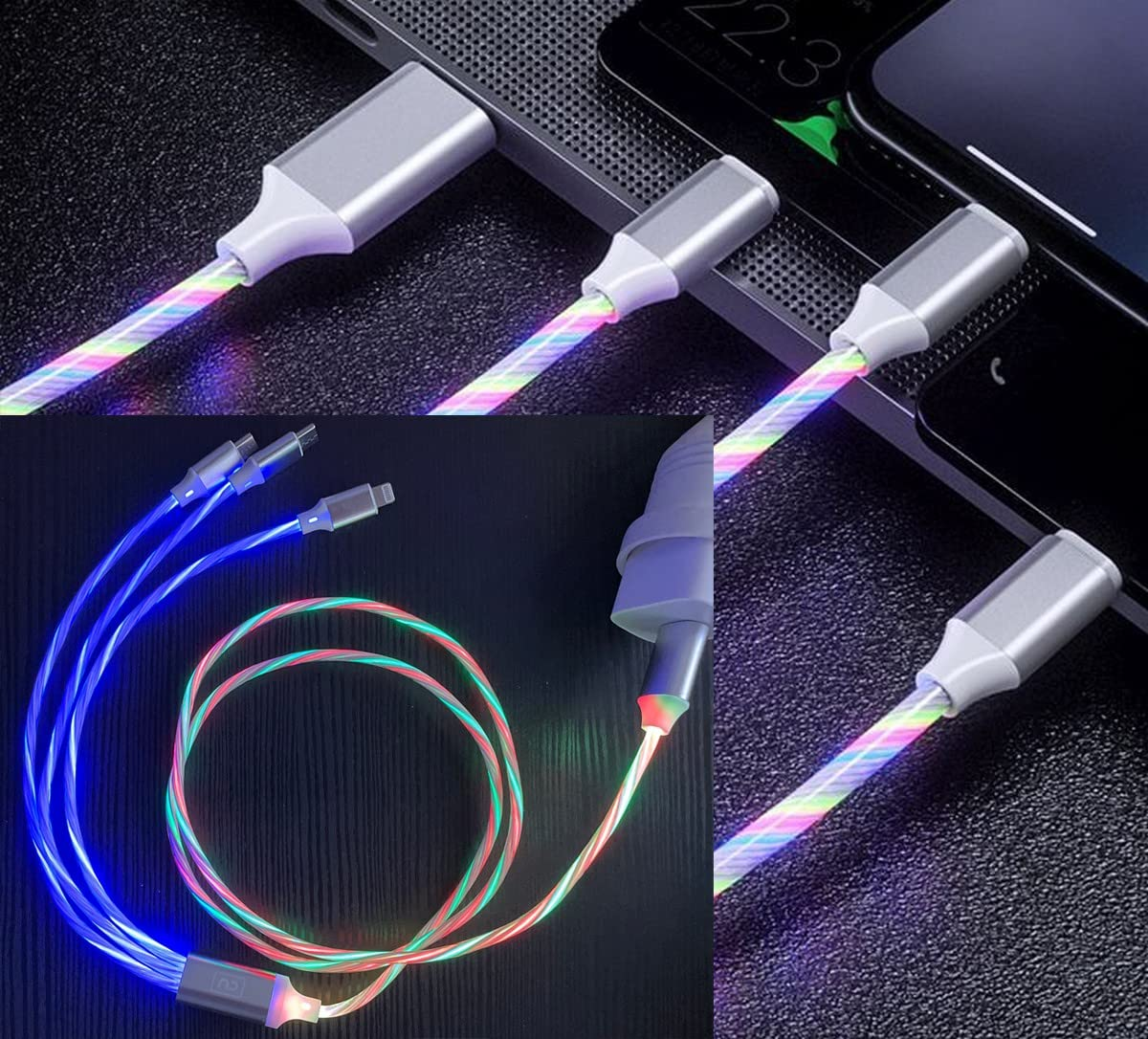 NDBOX 3-In-1 Glowing Charger Cable Compatible with or Replacement for Micro-Usb, Type-C, Phone Chargers - 100Cm Length (Multicolor) image number 4