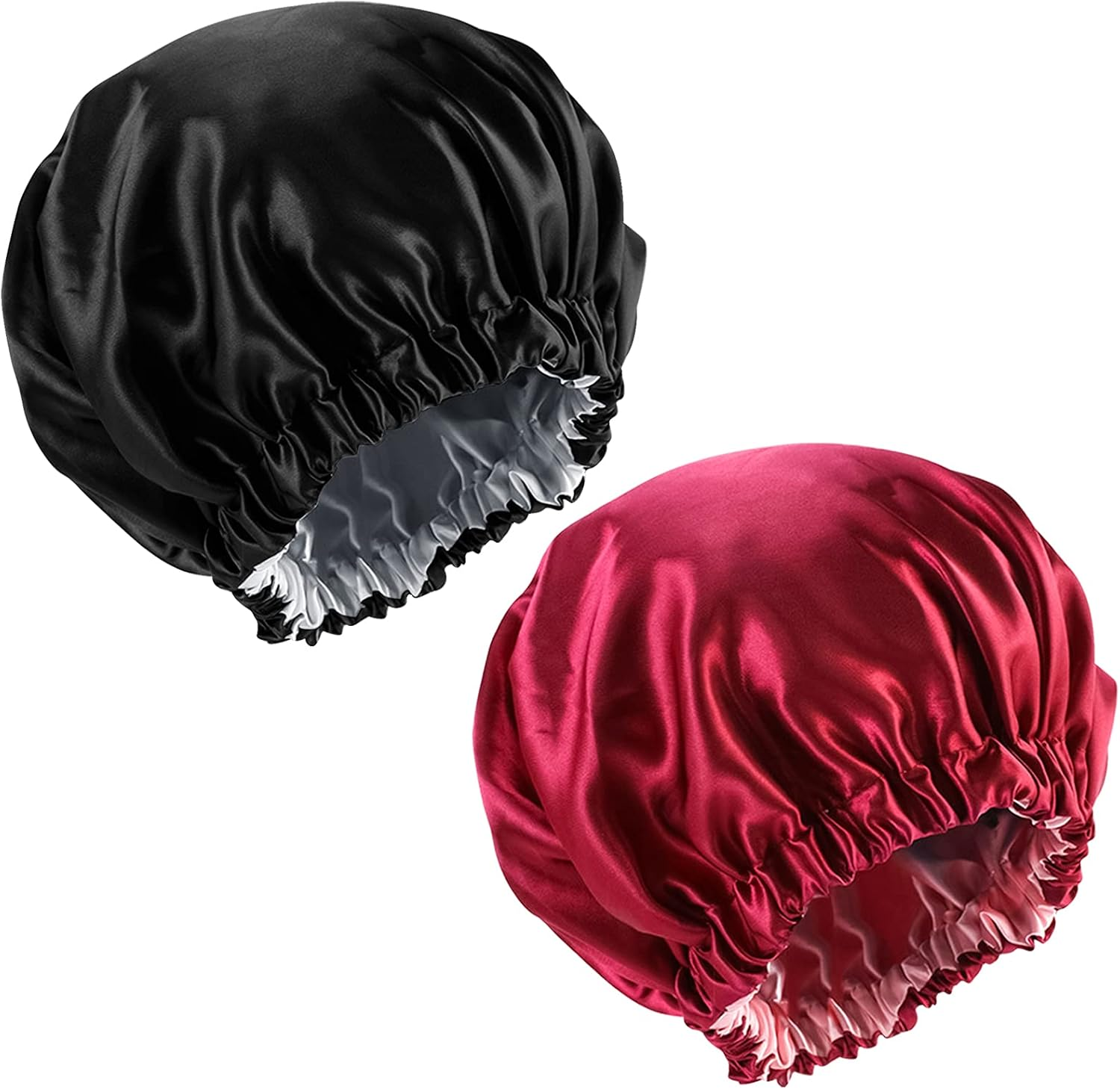 2 Pcs Satin Hair Bonnet Sleep Cap Night Hat Sleeping Head Cover with Elastic Wide Band for Women Girls for Braids Natural Long Hair, Curly Hair (Black & Wine Red) image number 6