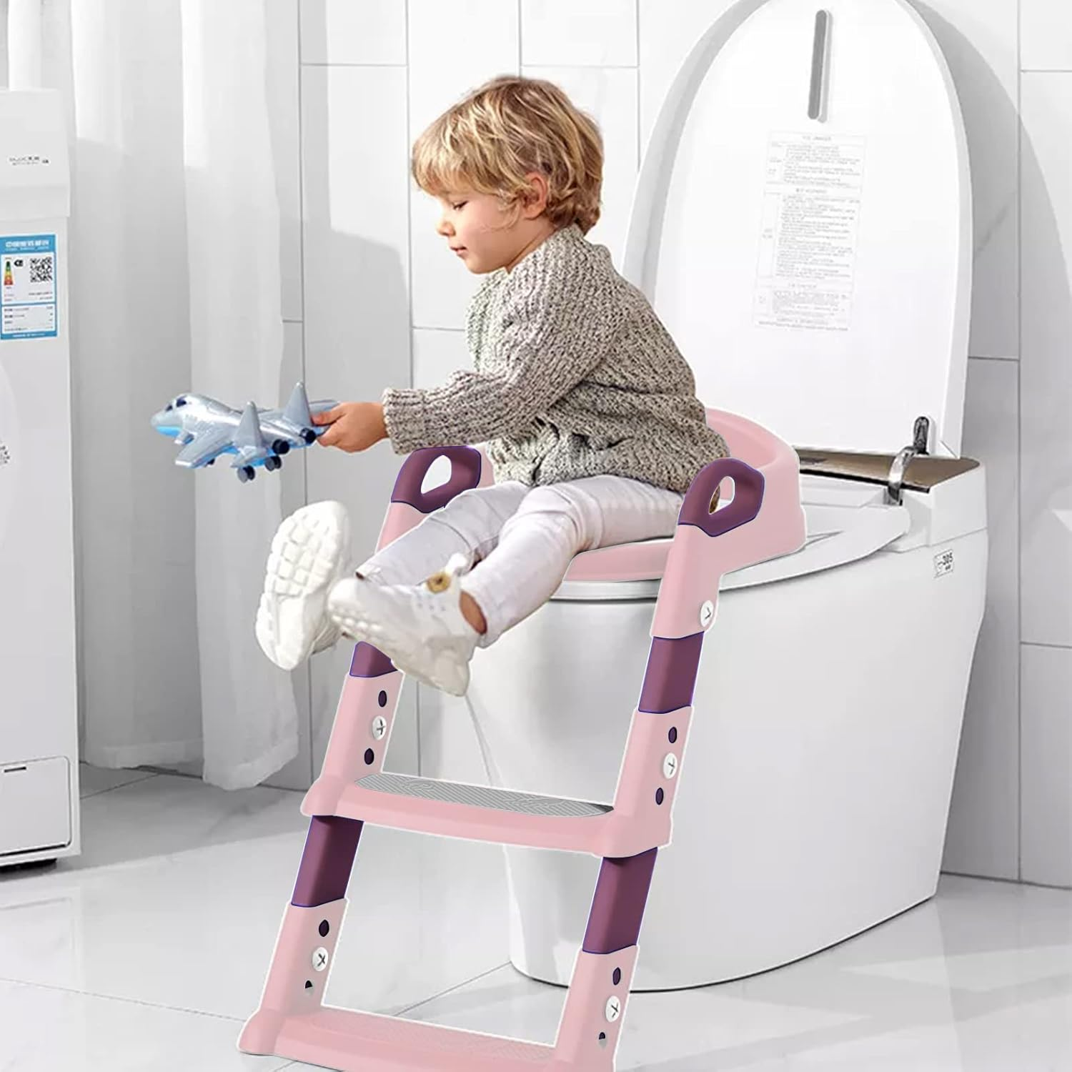 STEUGO Potty Training Seat with Step Stool Ladder,Potty Training Toilet for Kids Boys Girls,Toilet Training Potty Seat Sturdy Comfortable Built in Non-Slip Steps Soft Pad for Baby Boys Girls(Pink) image number 4