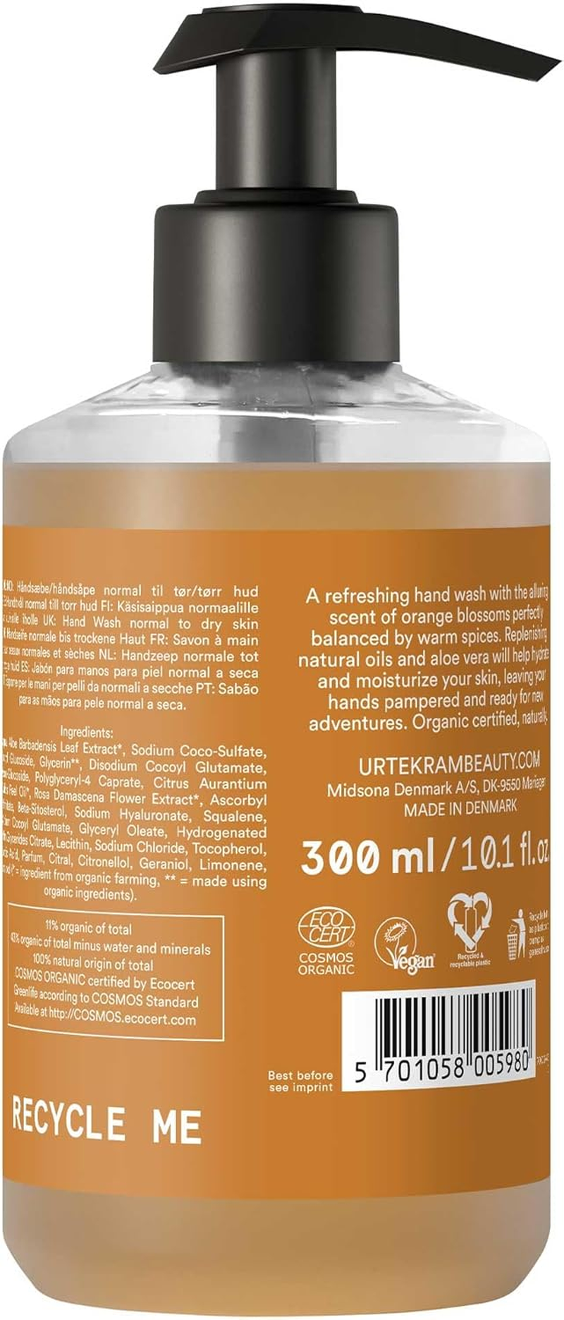 Urtekram Hand Wash - All Skin Types - Spicy Orange Blossom - 300 Ml, Vegan, Organic, Natural Origin image number 1