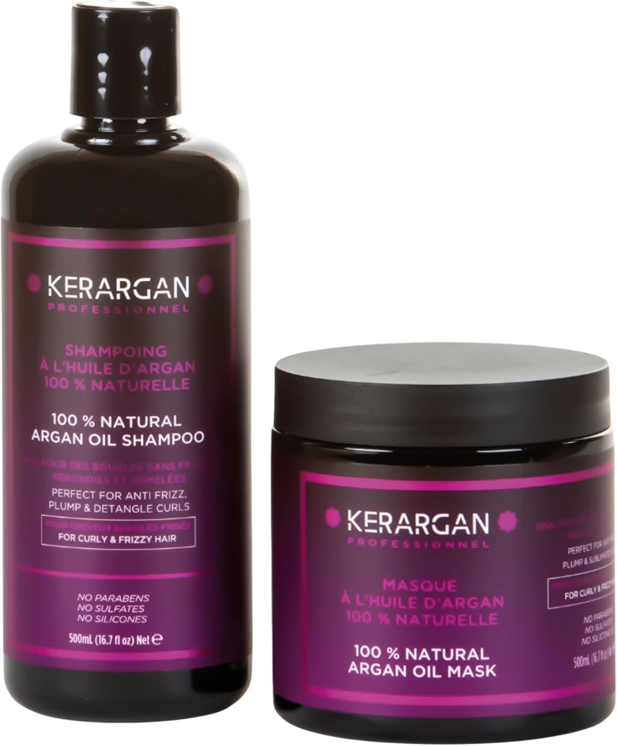 Kerargan - Disciplining Duo Shampoo & Mask with Argan Oil for Untamed, Dry & Curly Hair - Fights Frizz & Detangles - No Sulphates, GMO, Silicone, Mineral Oil - 2 X 500 Ml image number 1
