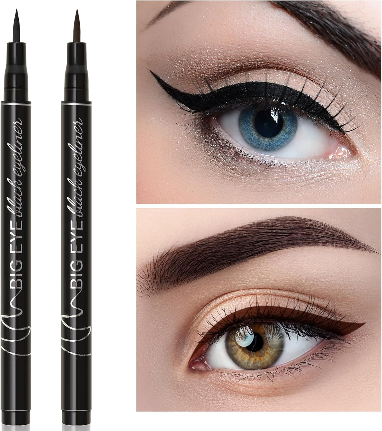Boobeen 2Pcs Liquid Eyeliner Black Brown, Waterproof Eyeliner Pen with Winged Eyeliner Tool, Creates Bold Cat Eye Makeup