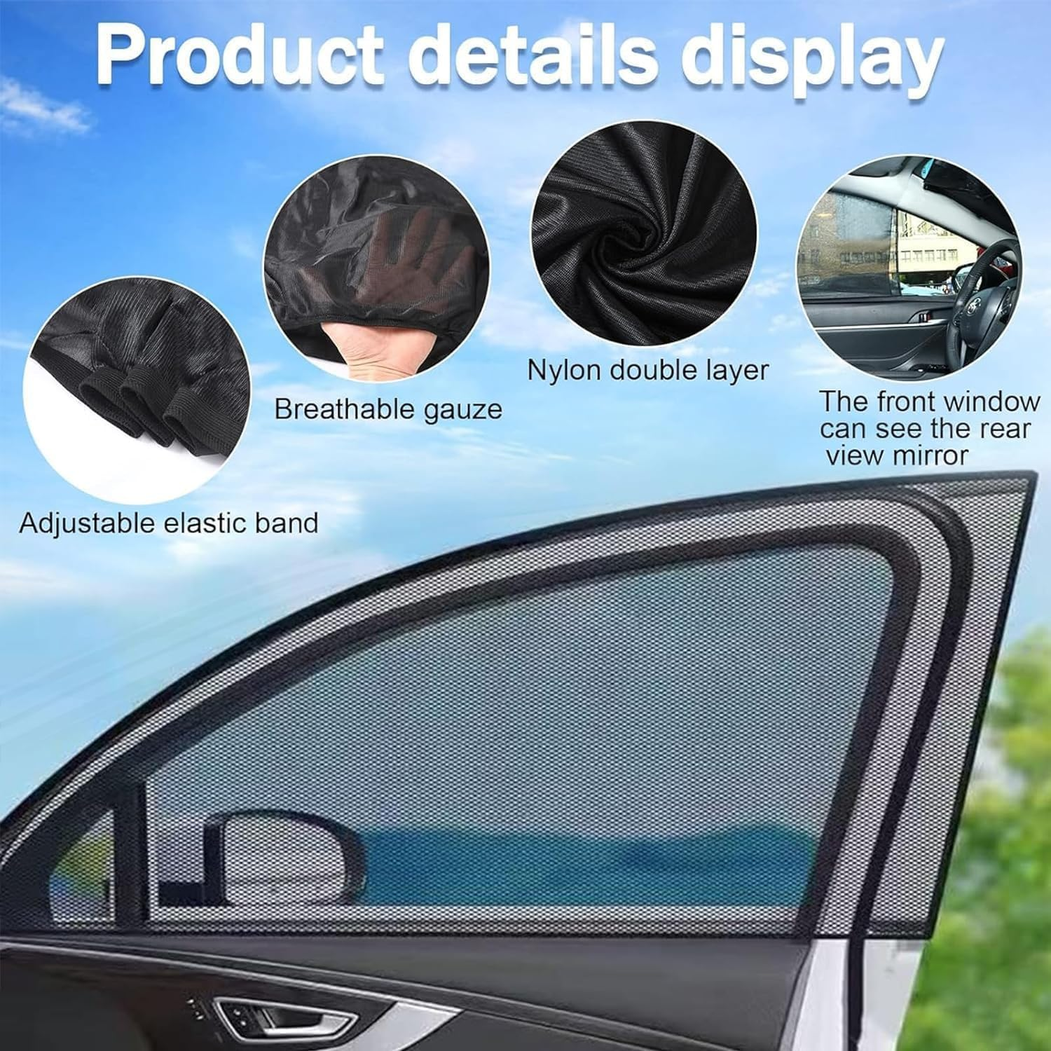 4Pcs Stretchable Breathable Sunshades for Car Windows - Sun Shade Curtain, Soft Rear Side Window Cover, Privacy Curtains, Mesh Side Window Cover image number 4