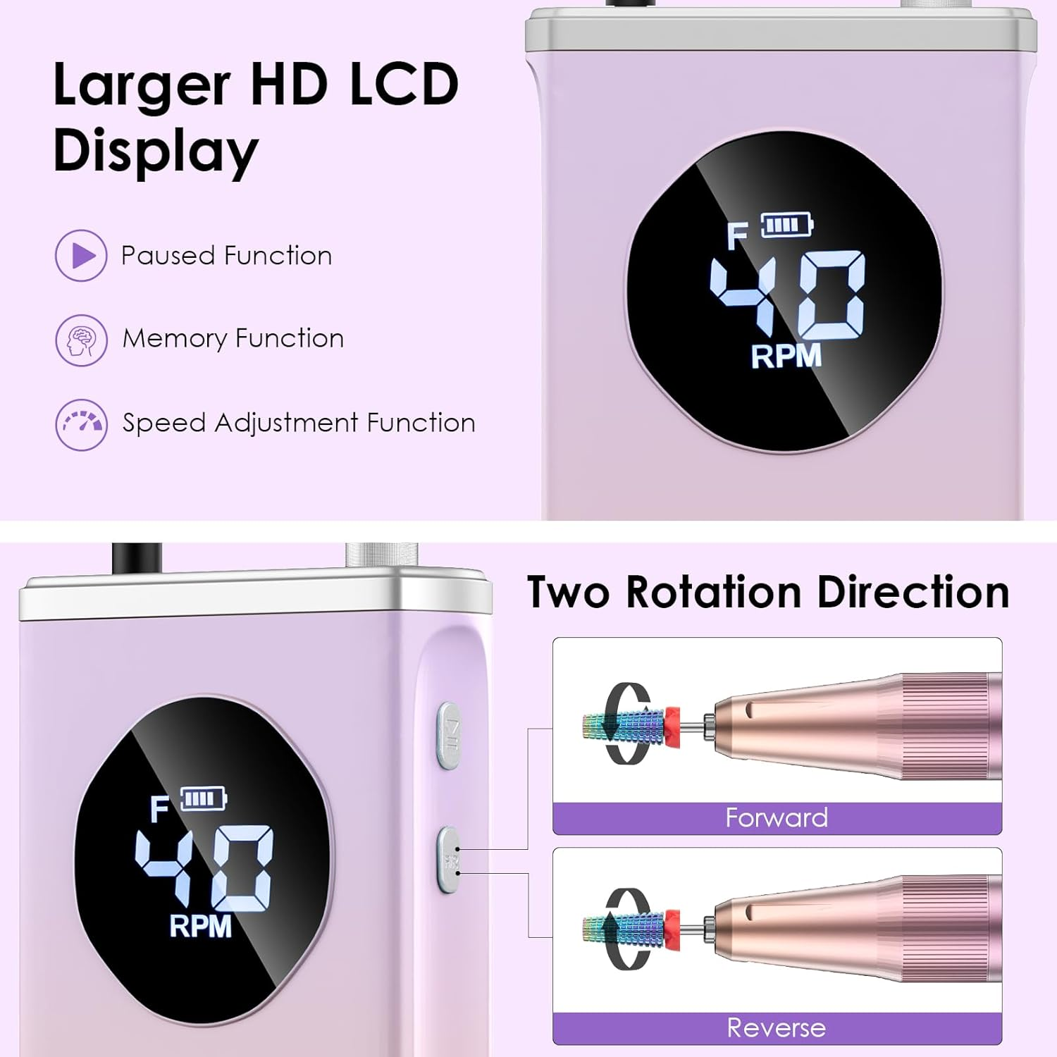 HOMEASY Electric Nail Drill Machine, 40000RPM Professional Nail Kit with 15 Drill Bits, Portable Nail File Electric Nail Filer for Acrylic Nails Gel Polishing Removing for Salon Home (Purple)