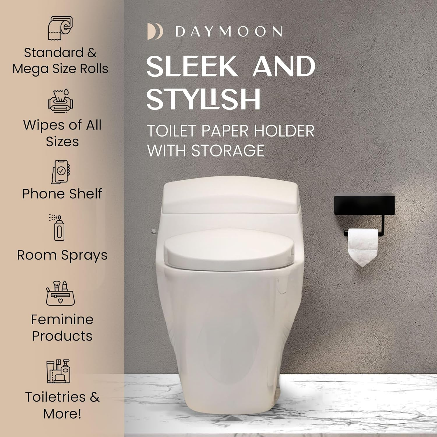 Day Moon Designs Toilet Paper Holder with Shelf - Flushable Wipes Dispenser & Storage Fits Any Bathroom, Keep Your Wet Wipes Hidden - Stainless Steel Wall Mount Bathroom Organizer - Matte Black, Large