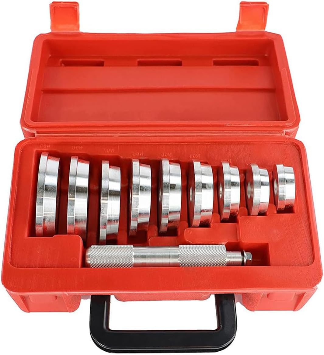 10Pcs Bearing Race and Seal Bushing Driver Install Set Universal Aluminum Bush Drive Seal Kit, 1 Driver 9 Discs Collar Axle Housing with Red Carrying Case Fit for Most Automotive Wheel Bearings image number 5