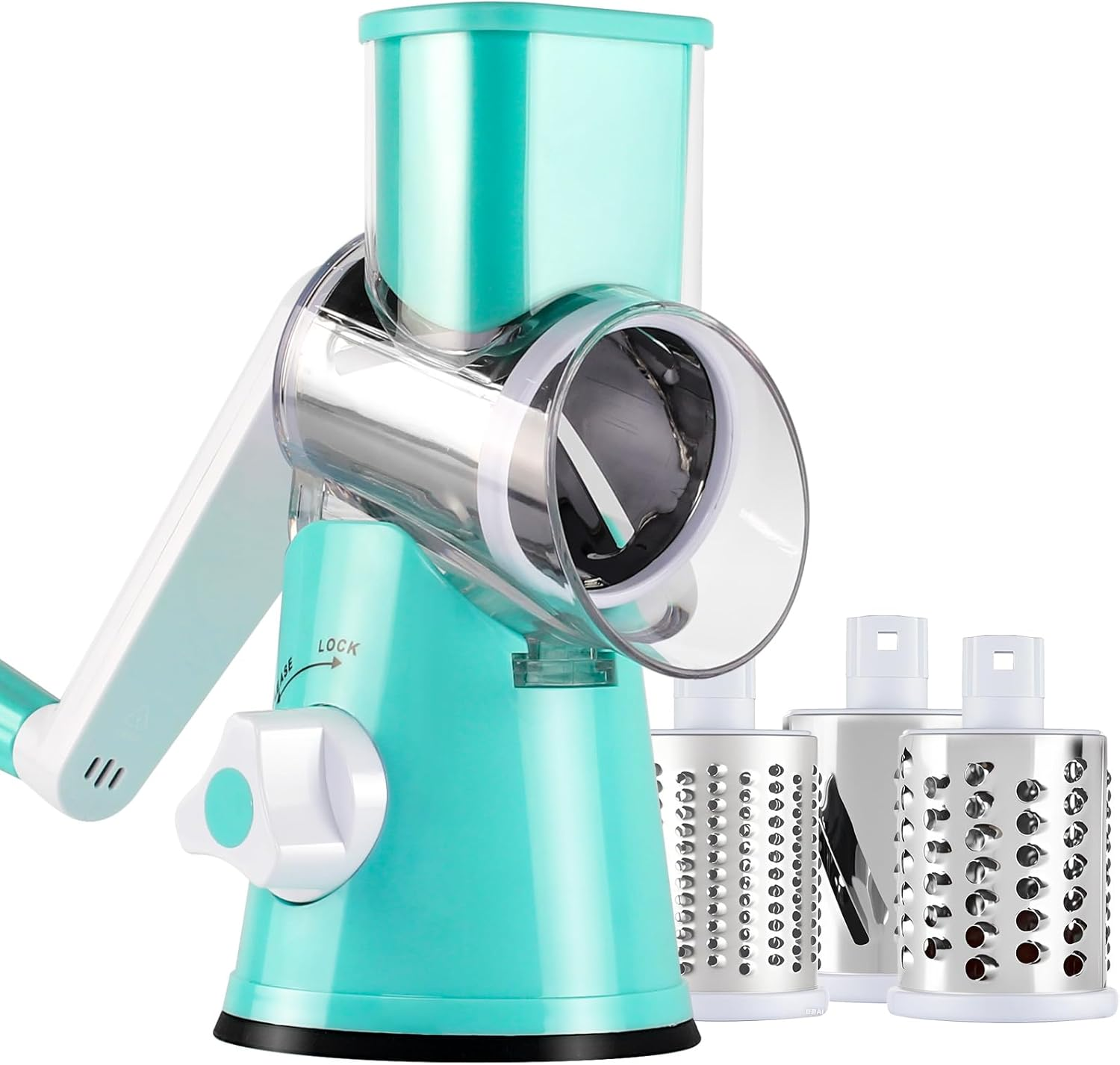 Rotary Cheese Grater Shredder, Speed Kitchen Manual round Mandolin Slicer Safe Grinder with 3 Interchangeable Blades for Nuts, Carrot, Hashbrown, Garlic, Walnut, Potato, Chocolate (Green)