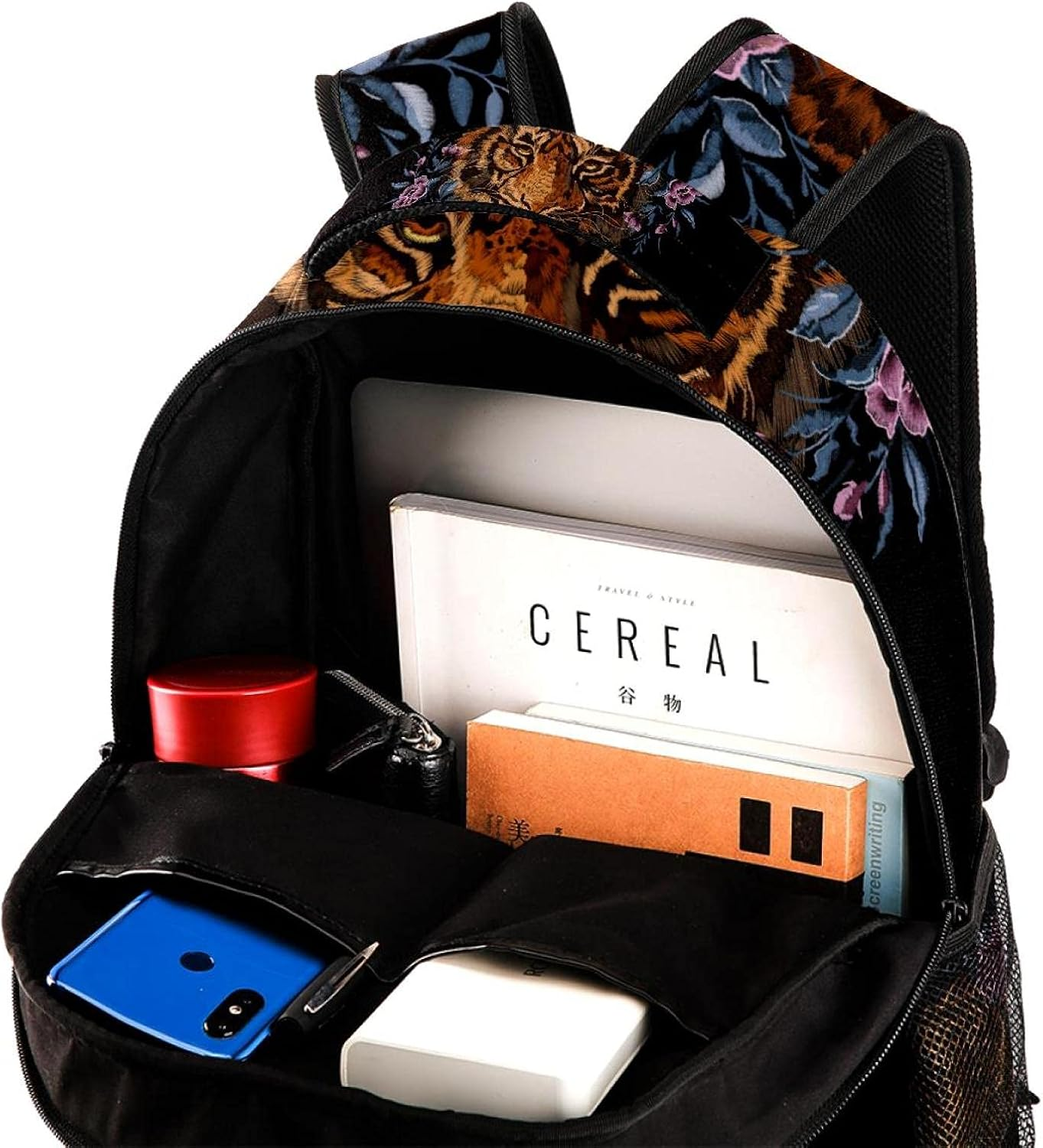 Floral Pattern with Tiger Head Ethnic Flowers Backpack Students Shoulder Bags Travel Bag College School Tote Backpacks image number 2