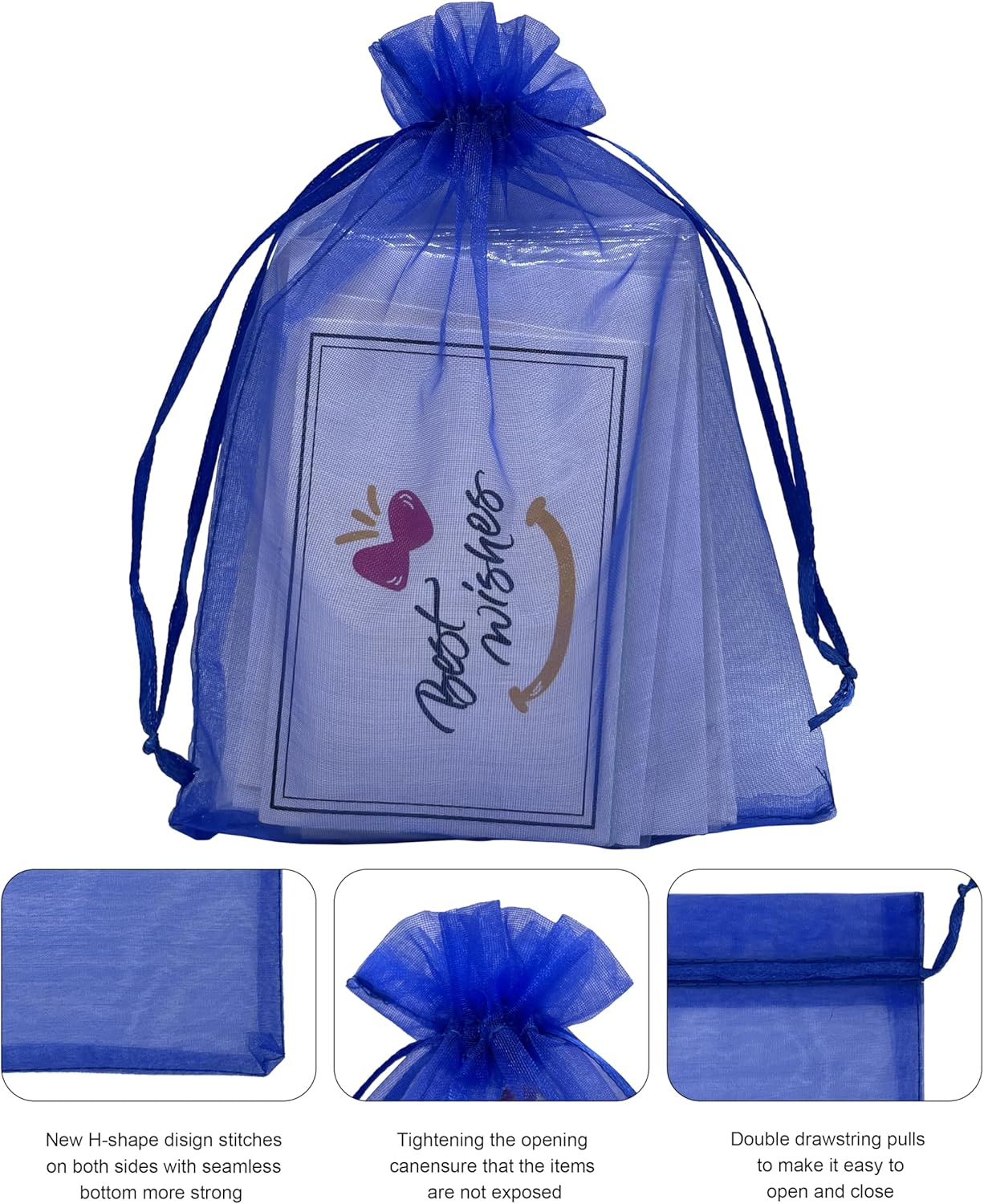 Jexila 100PCS Sheer Organza Bag 5''X7'' Royal Blue Mesh Bags Drawstring Jewelry Gift Bags Small for Baby Shower Wedding Party Pouch Favor Goodie Bags - Blue,Navy image number 7