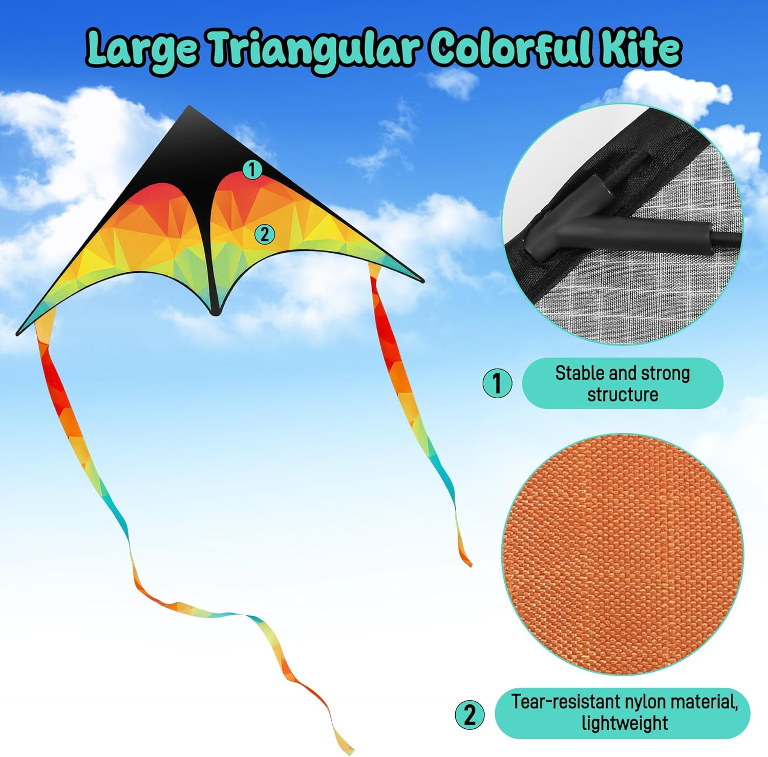 Zocipro Large Colourful Delta Kite Children, 125 X 65 Cm Single Line Flight Kite with 50 M Cord, Lightweight Children'S Kite for Jumping Kite, Kite for Beginners and Outdoor Beach Games image number 1