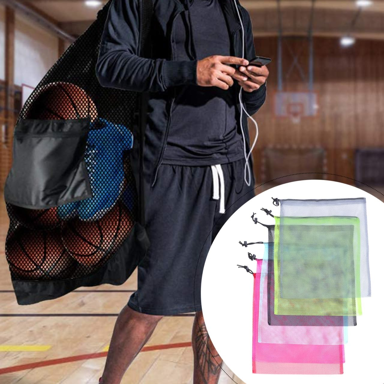 Ciieeo 6Pcs Drawstring Mesh Storage Pouches for Sports Yoga Travel Daily Use Random Colors Chic Functional Drawstring Bags for Outdoor Activities Organizing Essentials image number 1