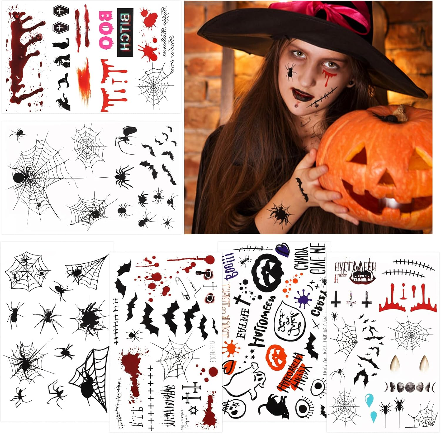 DERAYEE Halloween Face Tattoo, 6 Sheets Temporary Spider Tattoo, Face Tattoo, Women Men Children Body Face Tattoos for Halloween Carnival Party Decoration Cos Makeup image number 2