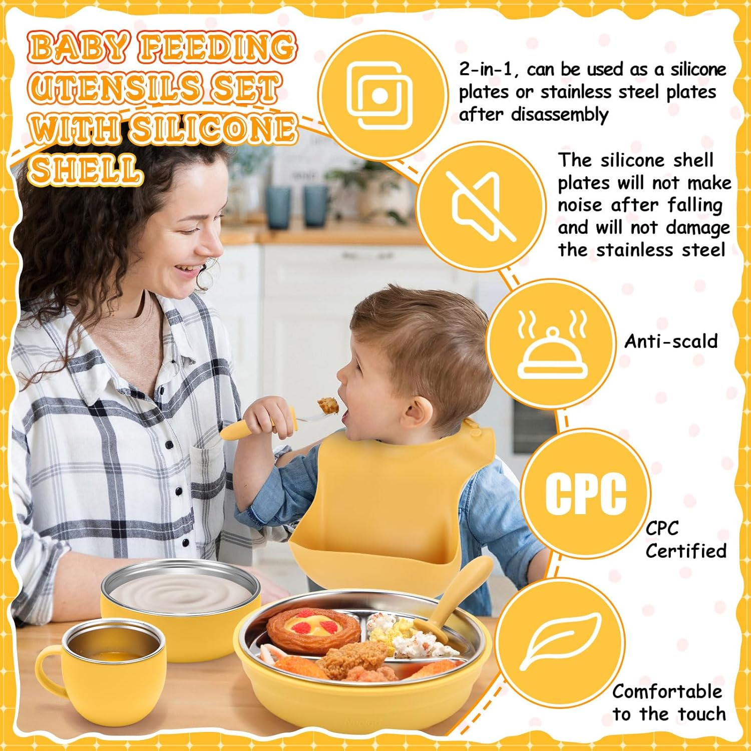 Nuogo 6 Pcs 304 Stainless Steel Kids Plates and Bowls Set Stainless Steel Suction Bowls and Toddler Cup with Removable Silicone, Forks Spoons Pocket Bib for Baby Toddle(Yellow,Round) - Pink image number 7